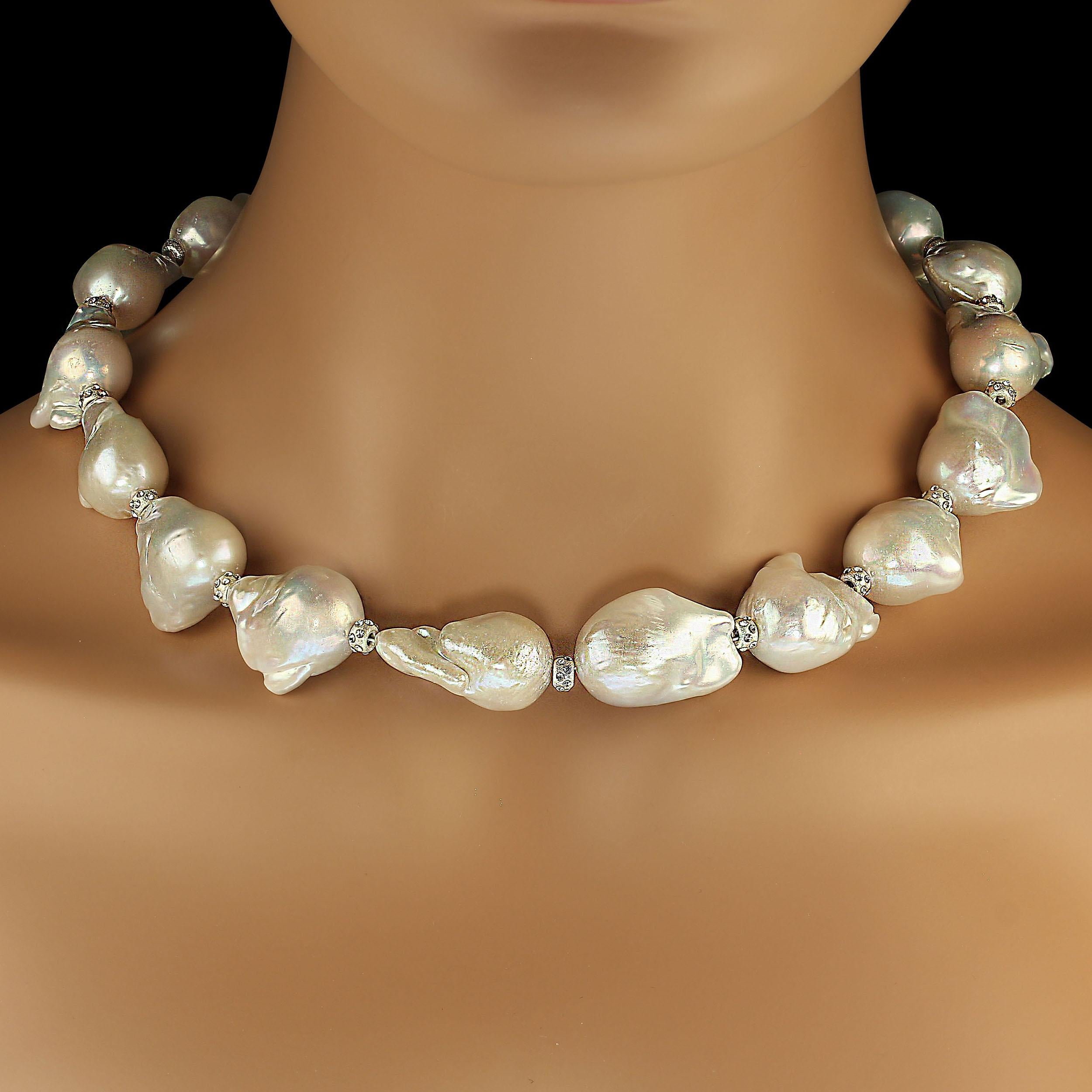 AJD 19 Inch Giant White Baroque Pearl Necklace with Sparkling Crystal Accents In New Condition For Sale In Raleigh, NC