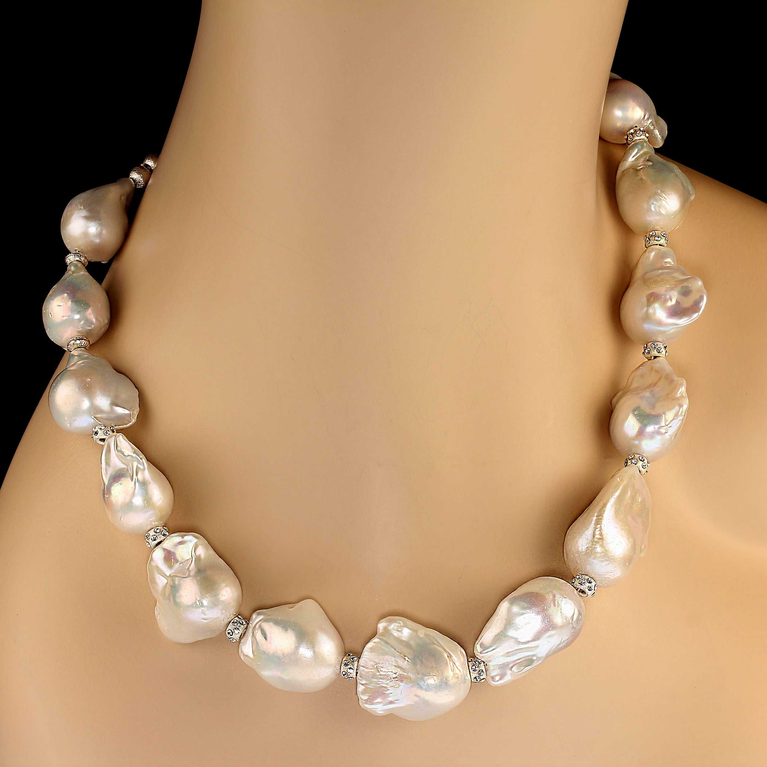 AJD 19 Inch Giant White Baroque Pearl Necklace with Sparkling Crystal Accents