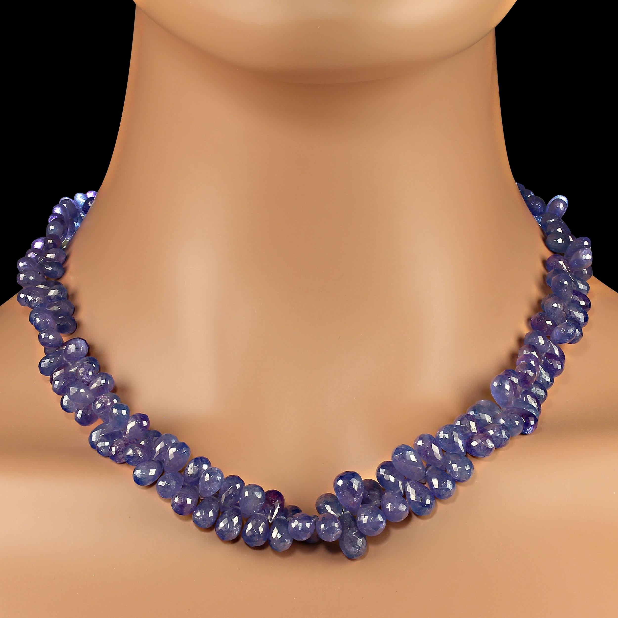 19 Inch gorgeous tanzanite necklace in blue-purple faceted briolettes.  This necklace graduates, 6-12mm in the sparkling briolettes that dance in the light.  It will hug your neckline and enhance all skintones.  Wear this to all your holiday