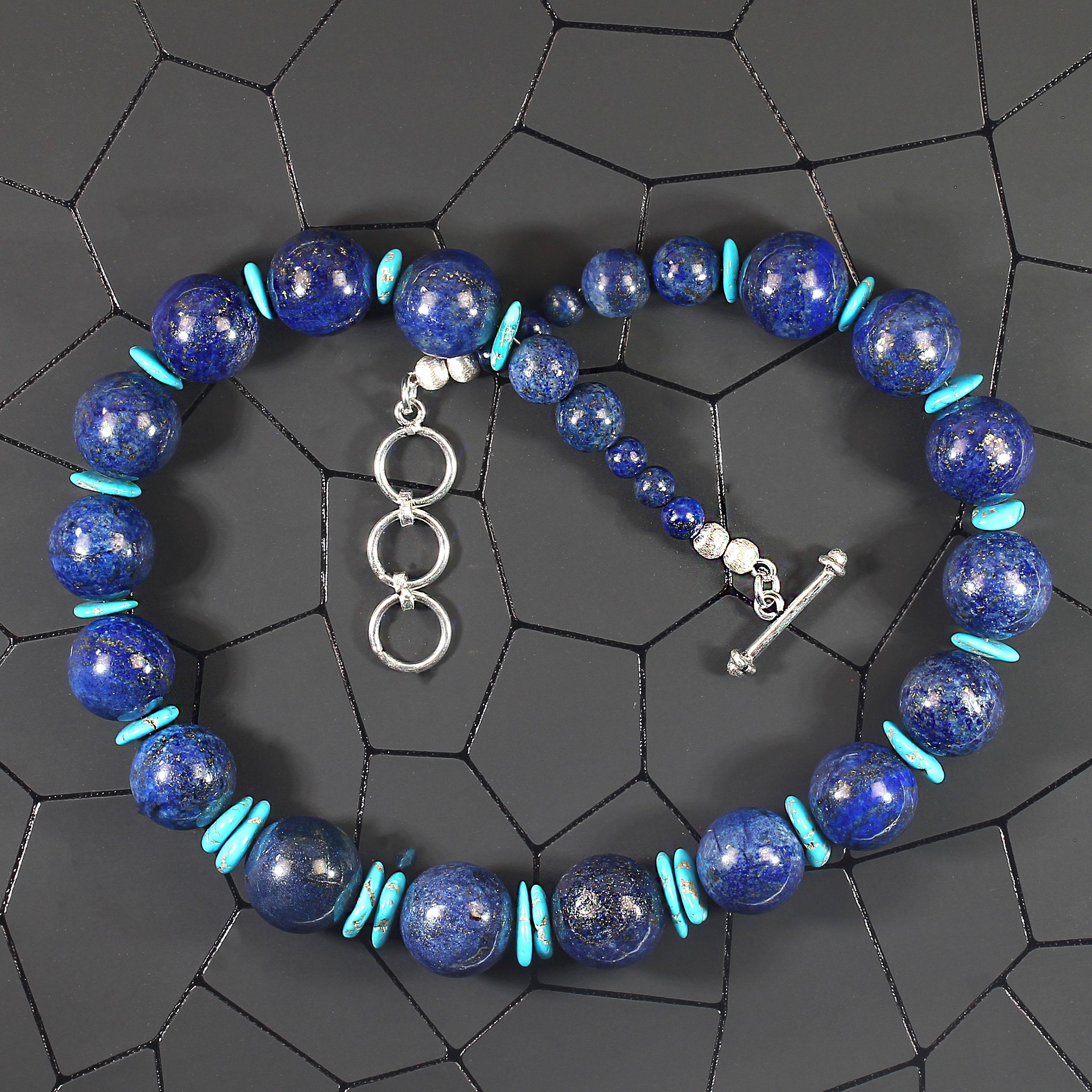 Bead AJD 19 Inch Lapis Lazuli and Sleeping Beauty Turquoise Necklace For Sale