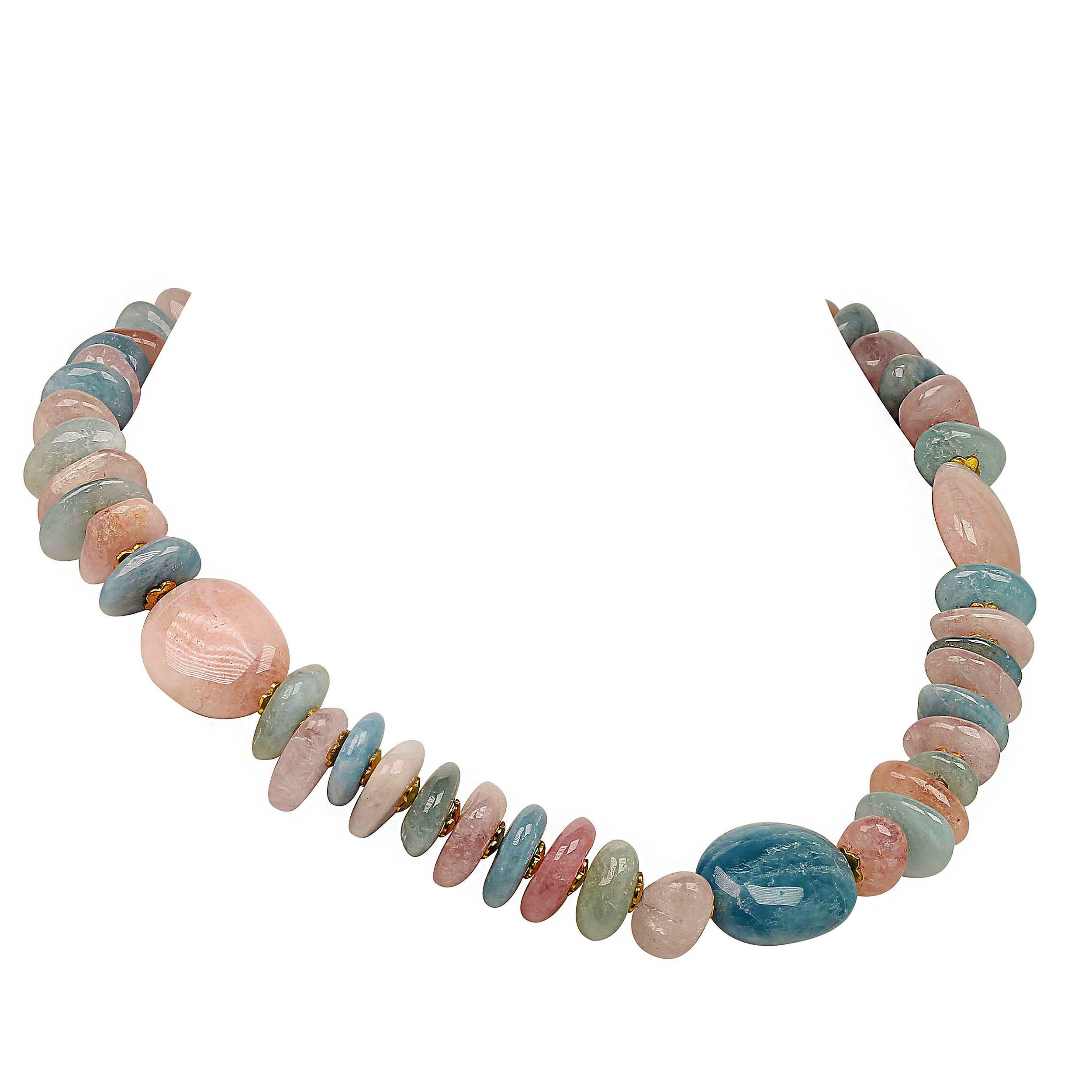 Bead AJD 19 Inch Polished Nuggets of Pink and Blue Beryl Necklace March Birthstone For Sale