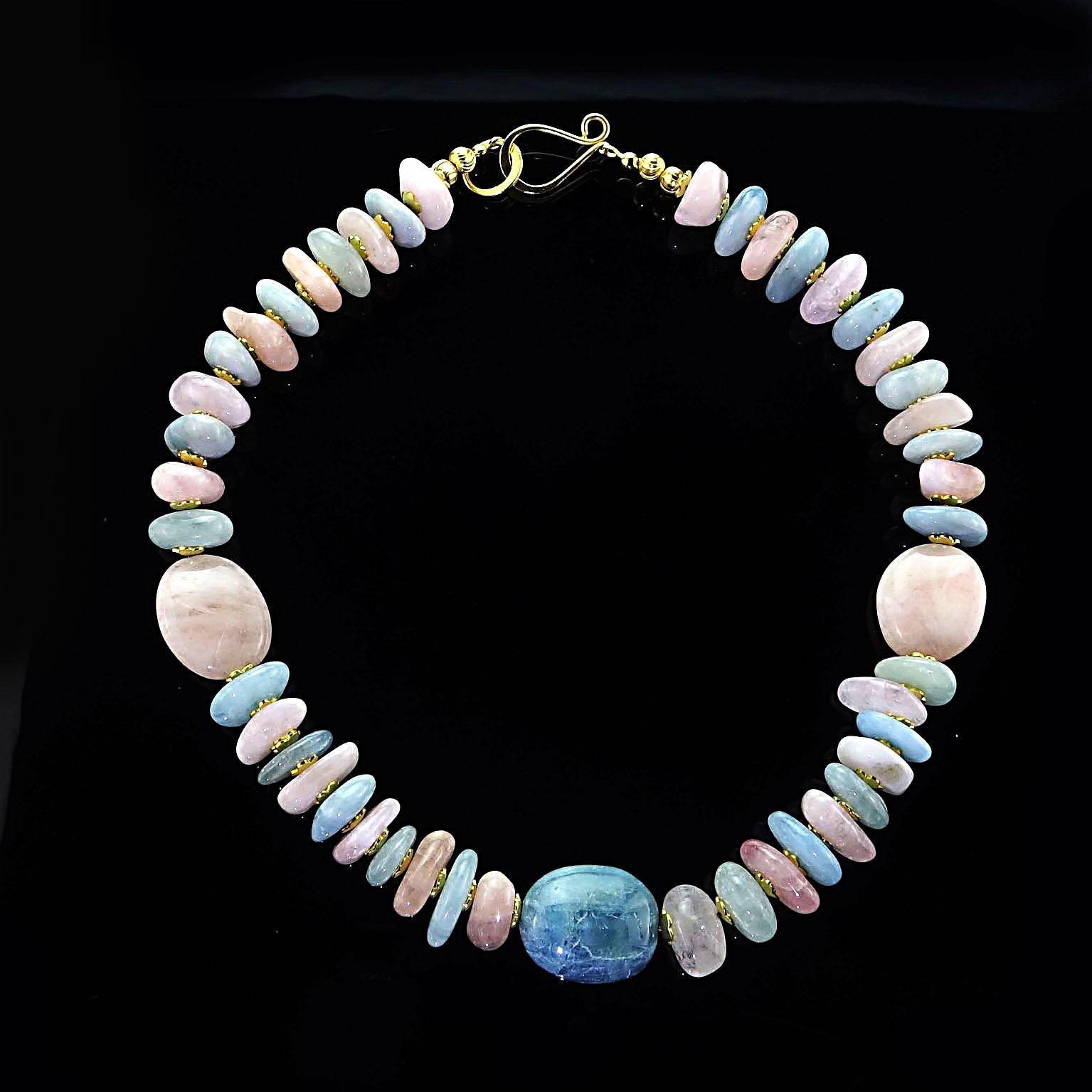 AJD 19 Inch Polished Nuggets of Pink and Blue Beryl Necklace March Birthstone In New Condition For Sale In Raleigh, NC