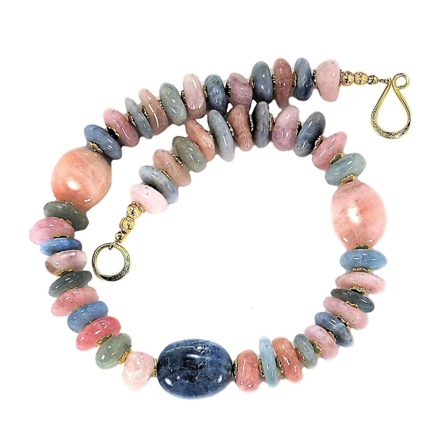 Exquisite Pink Morganite and Blue Aquamarine Necklace – A Tribute to the Beryl Family Gemstones

Elevate your style with this stunning 19-inch necklace featuring glowing, polished tumbled rondelles of Pink Morganite and Blue Aquamarine. The