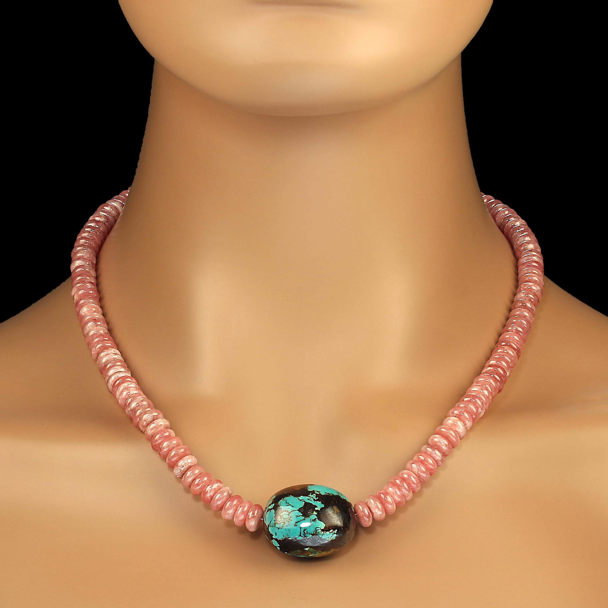 Turquoise Rhodnckeite Ajd 19 Inch Rhodochrosite Necklace With Turquoise Focal For Sale at 1stDibs