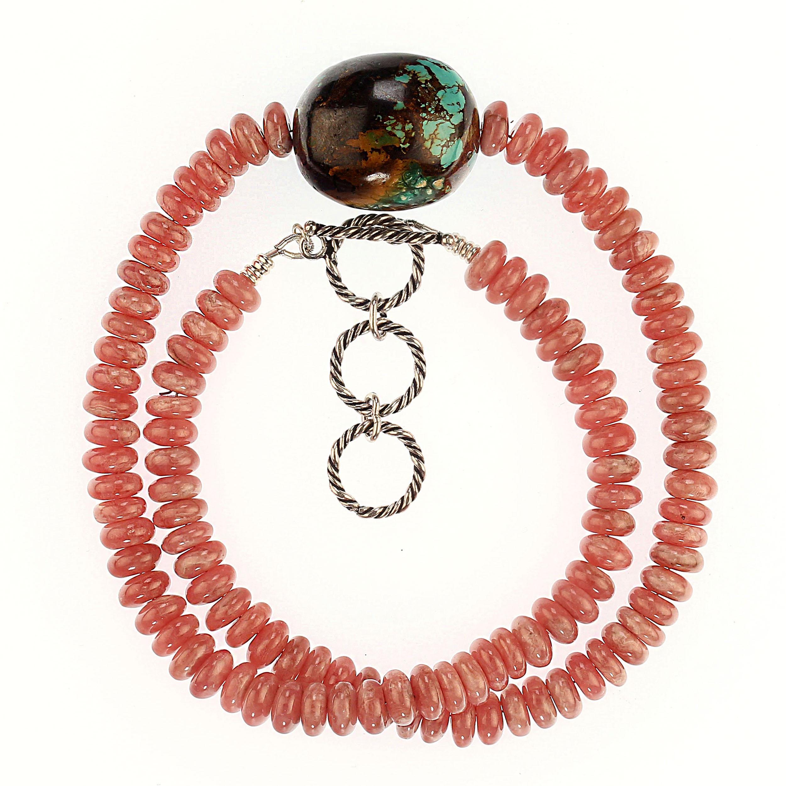 Charming 19-Inch Rhodochrosite and Turquoise Necklace – Perfect for Spring and Summer

Brighten your style with this delightful 19-inch necklace, featuring rosy pink and peachy rhodochrosite rondelles paired with a stunning turquoise focal stone