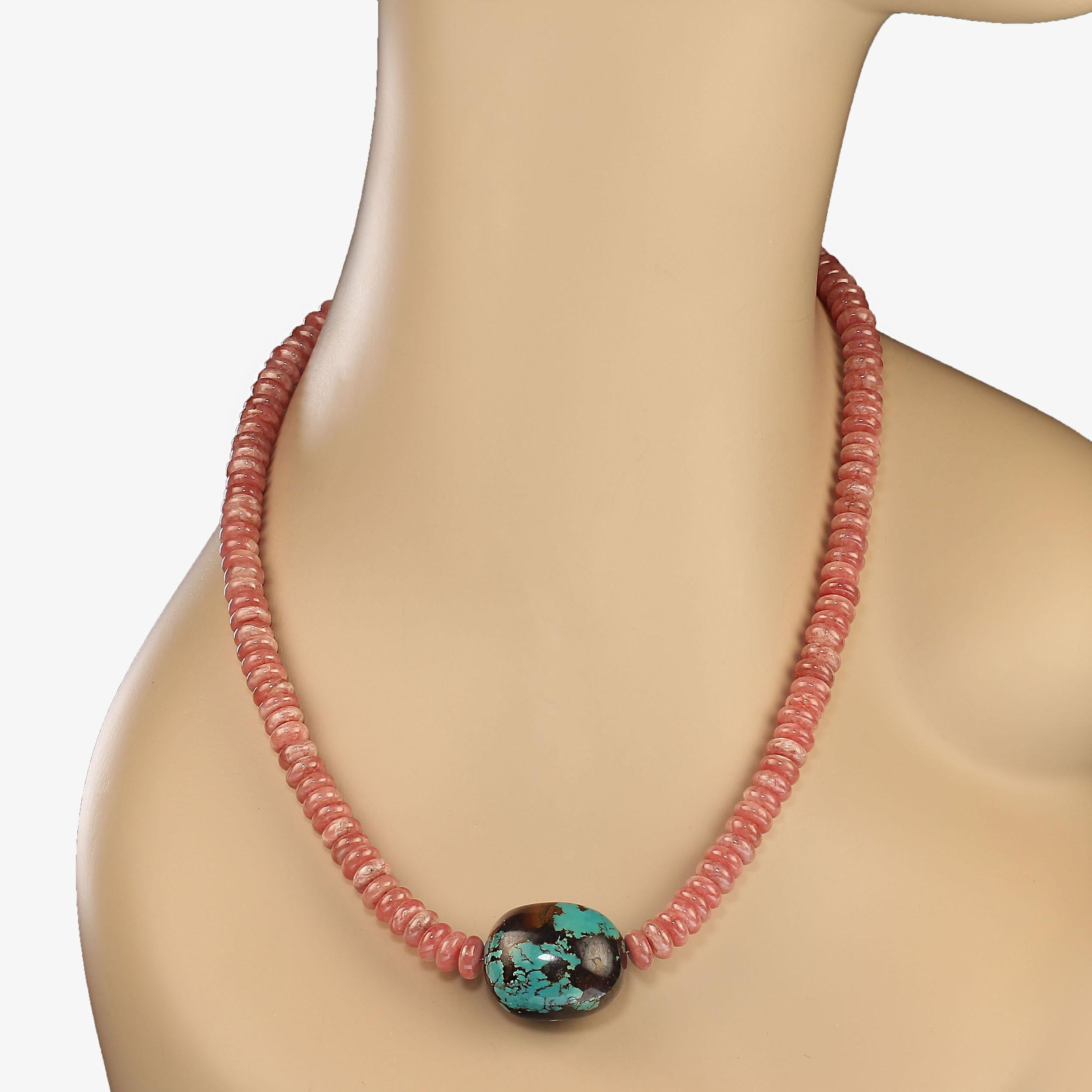 Bead Ajd 19 Inch Rhodochrosite Necklace With Turquoise Focal