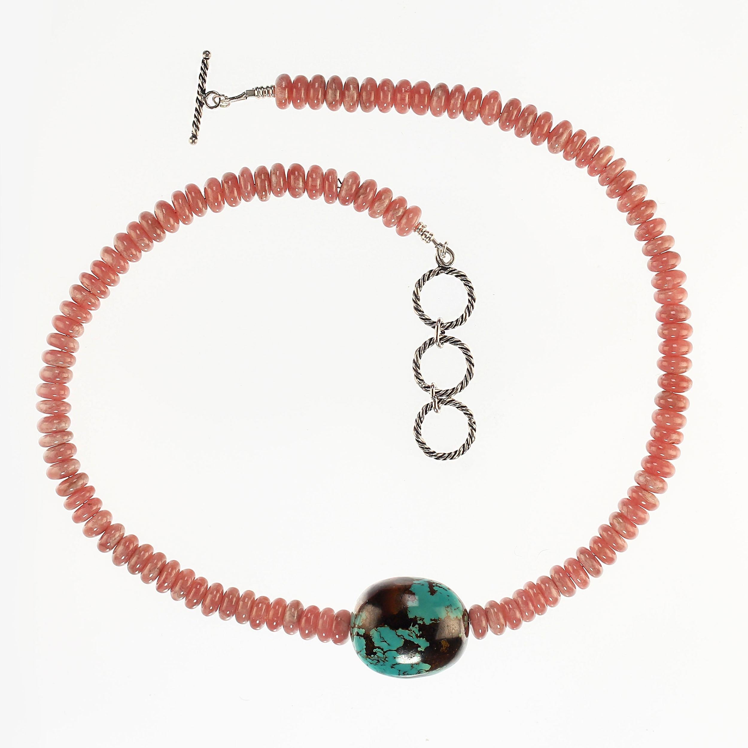 Women's or Men's Ajd 19 Inch Rhodochrosite Necklace With Turquoise Focal