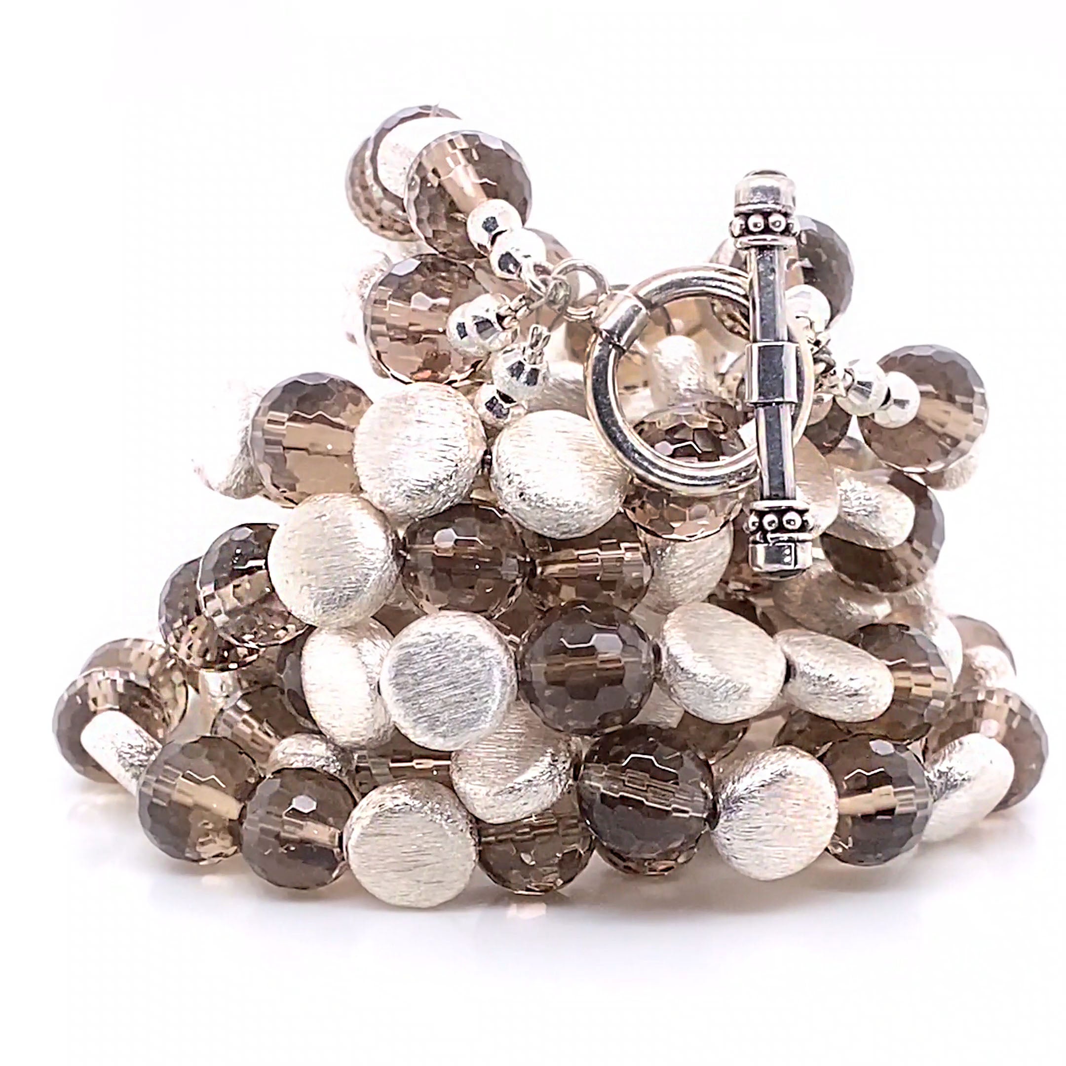 Artisan AJD 19 Inch Triple-Strand of Sparkling Faceted Smoky Quartz and Silver Necklace For Sale