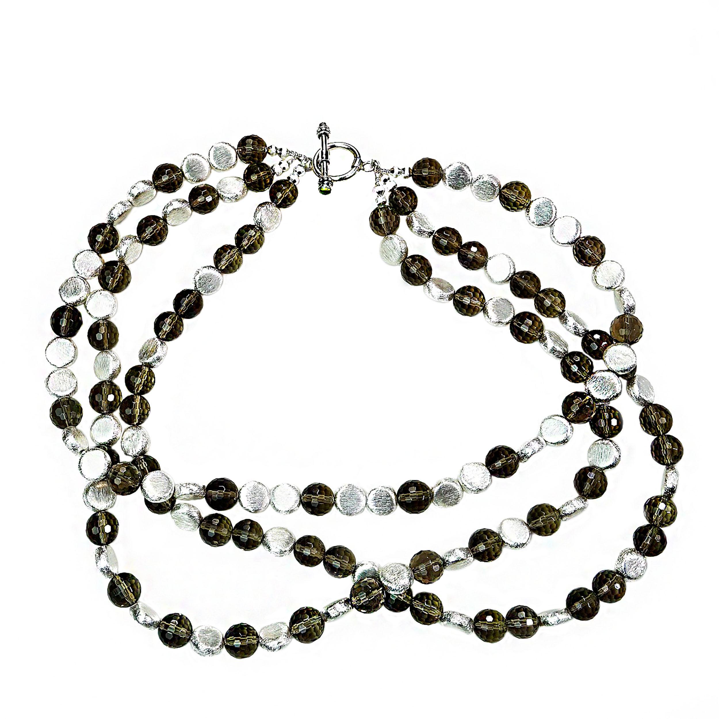AJD 19 Inch Triple-Strand of Sparkling Faceted Smoky Quartz and Silver Necklace In New Condition For Sale In Raleigh, NC