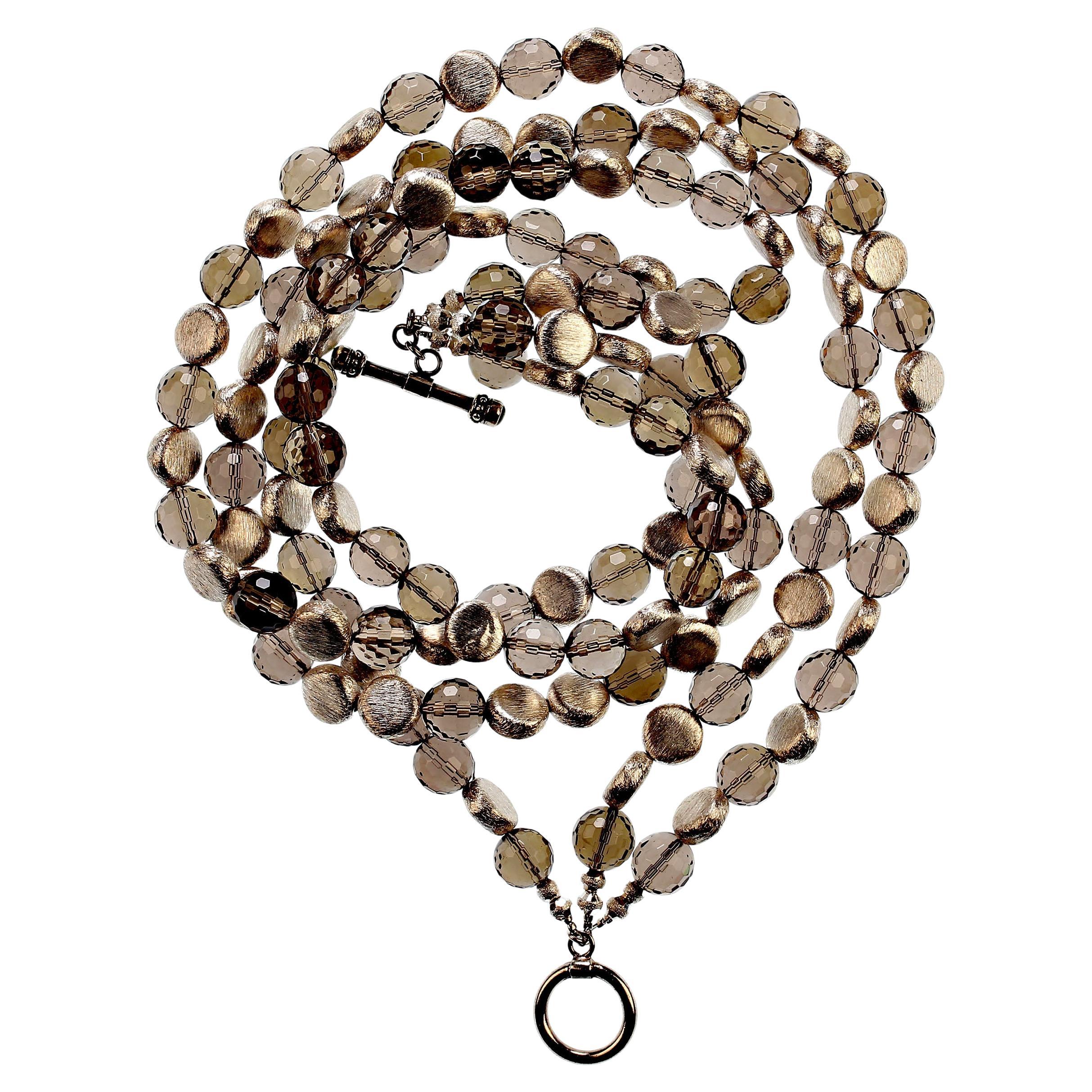 Bead AJD 19 Inch Triple-Strand of Sparkling Faceted Smoky Quartz and Silver Necklace For Sale