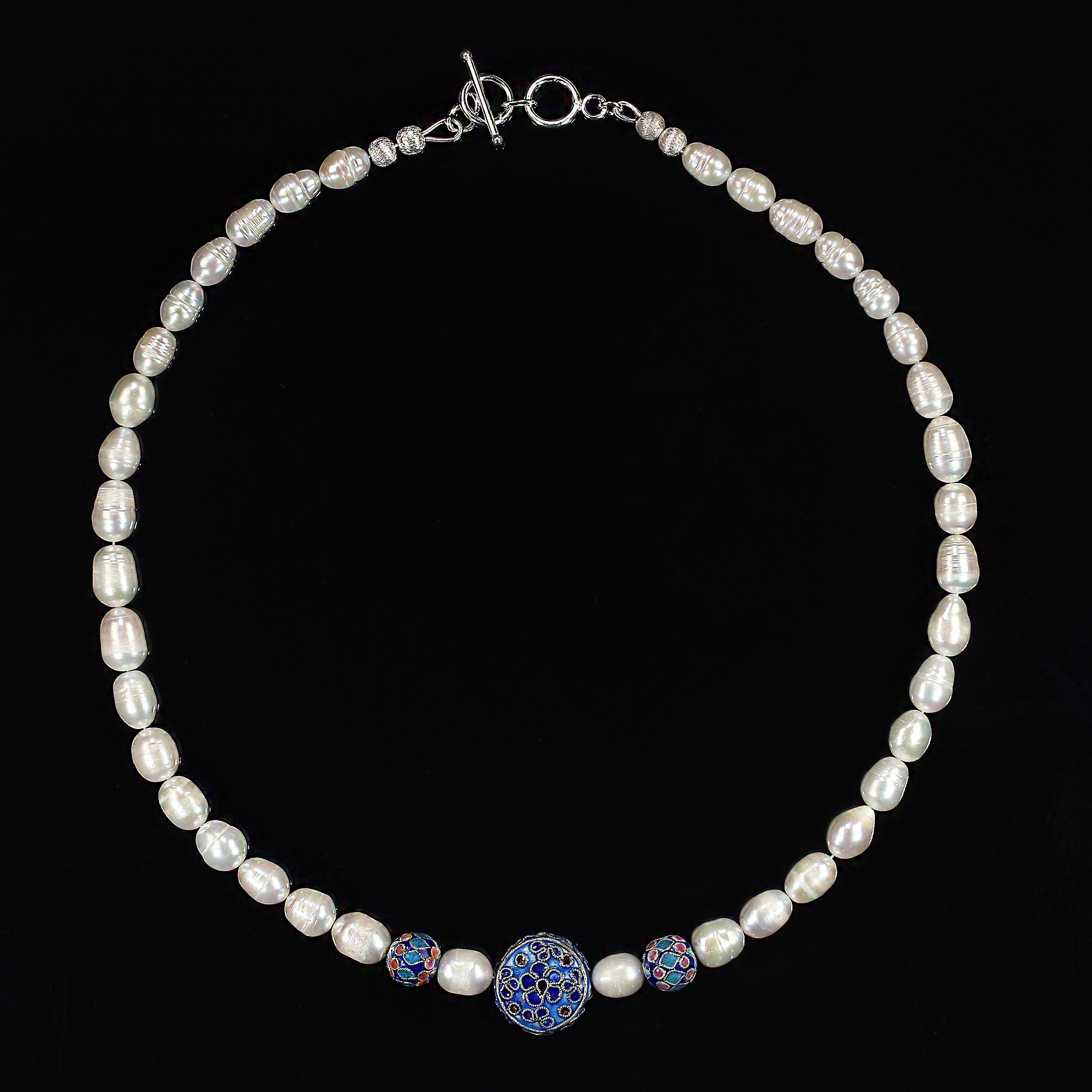 Artisan AJD 19 Inch White Potato Pearl Necklace with Cloisonne Accents For Sale