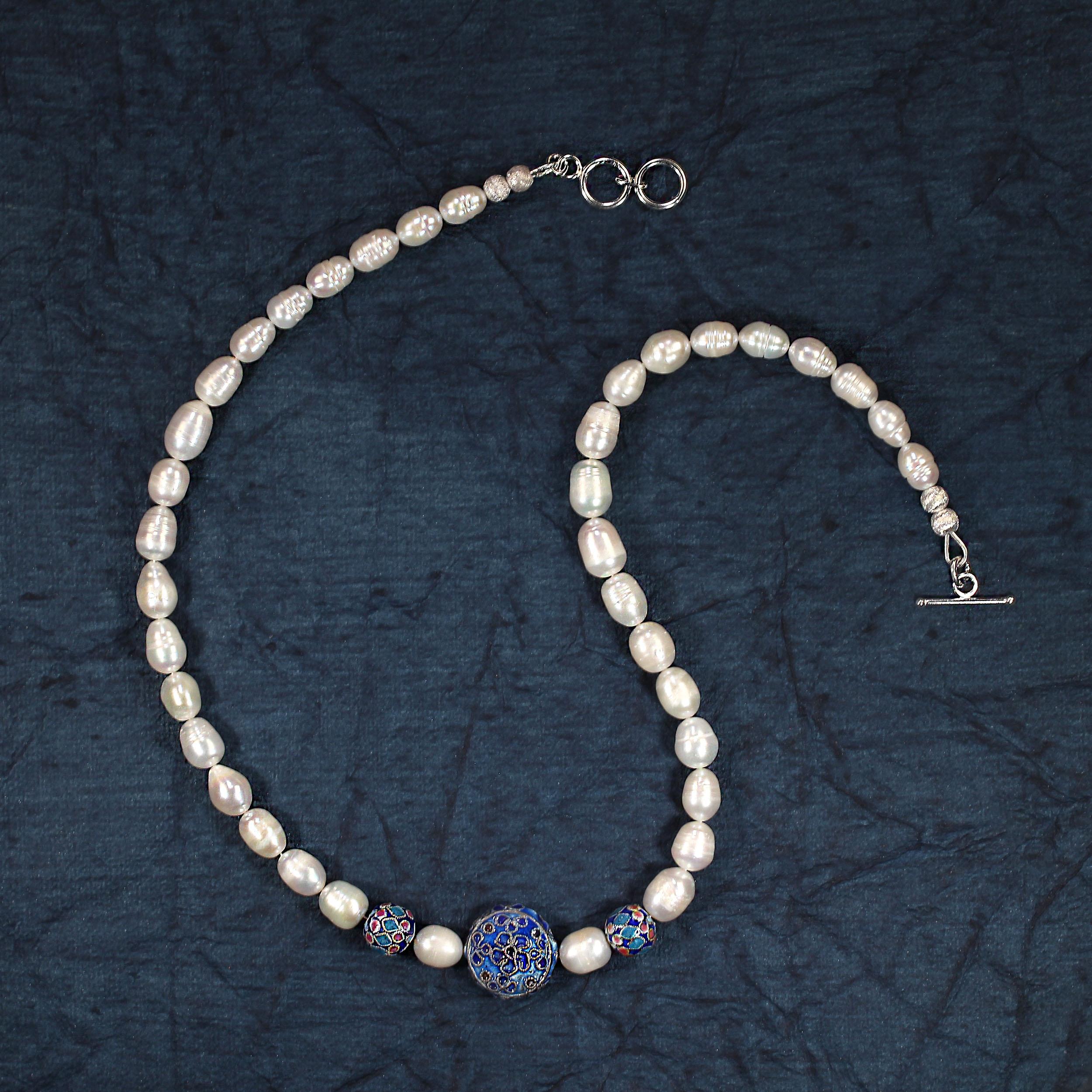 AJD 19 Inch White Potato Pearl Necklace with Cloisonne Accents In New Condition For Sale In Raleigh, NC