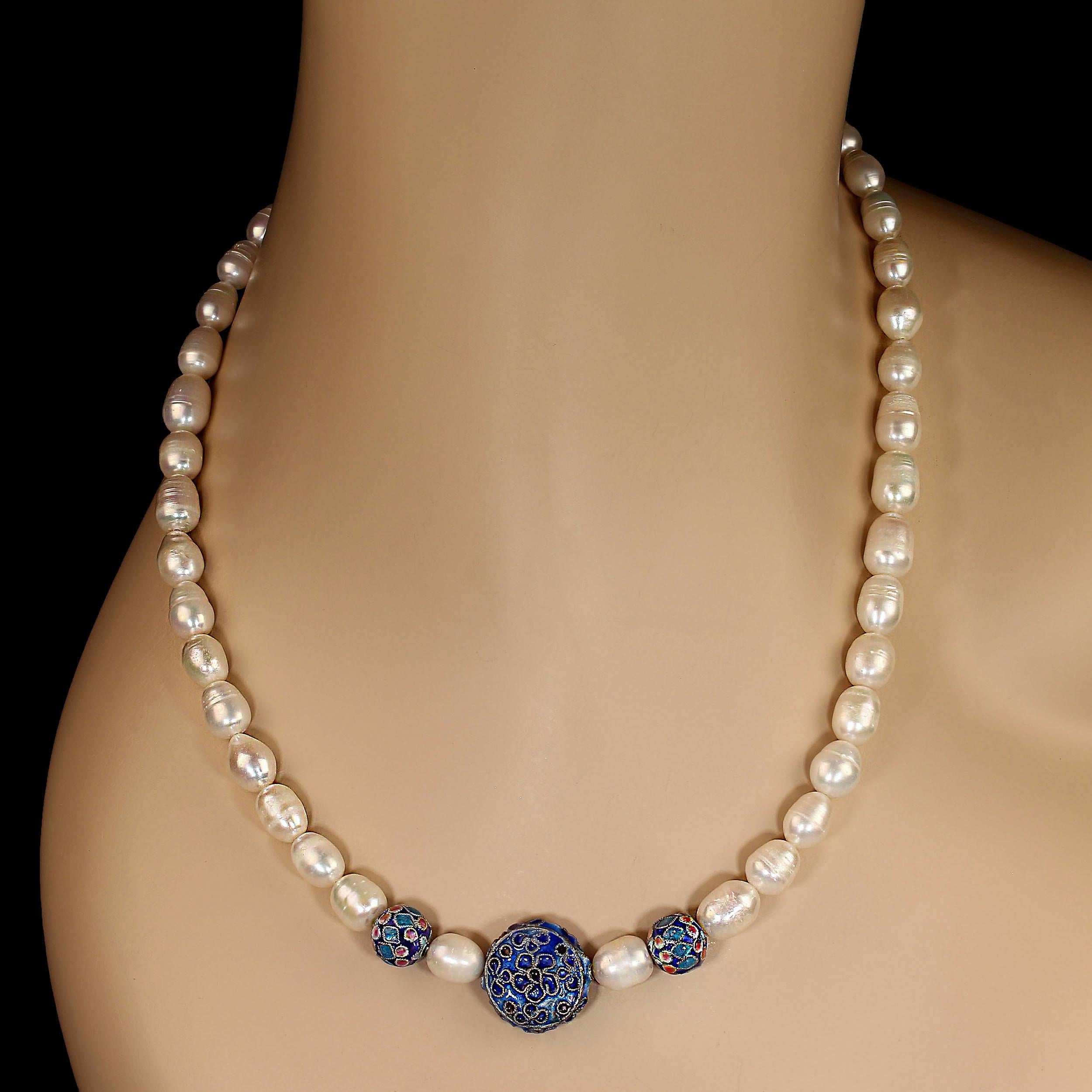 Women's or Men's AJD 19 Inch White Potato Pearl Necklace with Cloisonne Accents For Sale