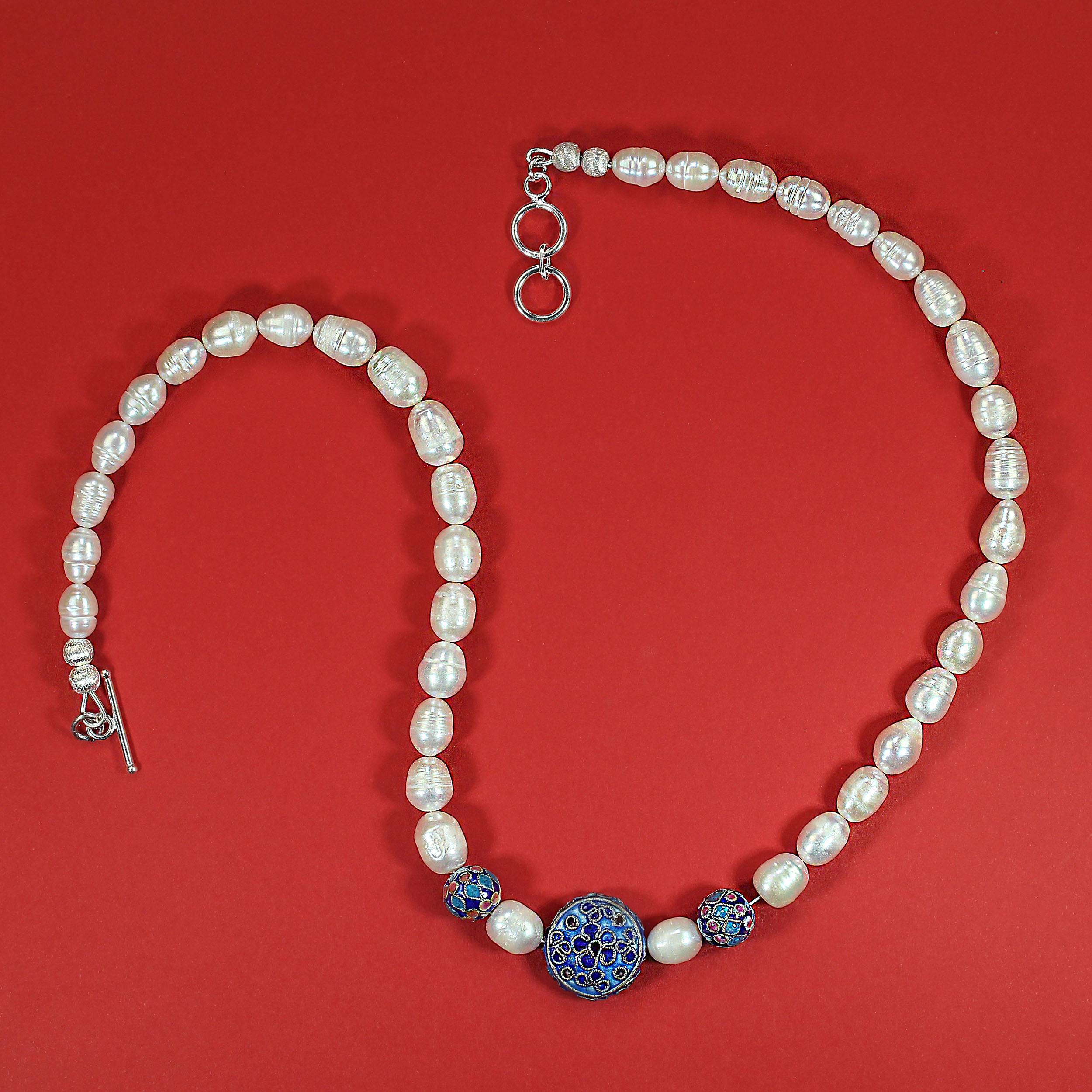 AJD 19 Inch White Potato Pearl Necklace with Cloisonne Accents For Sale 1