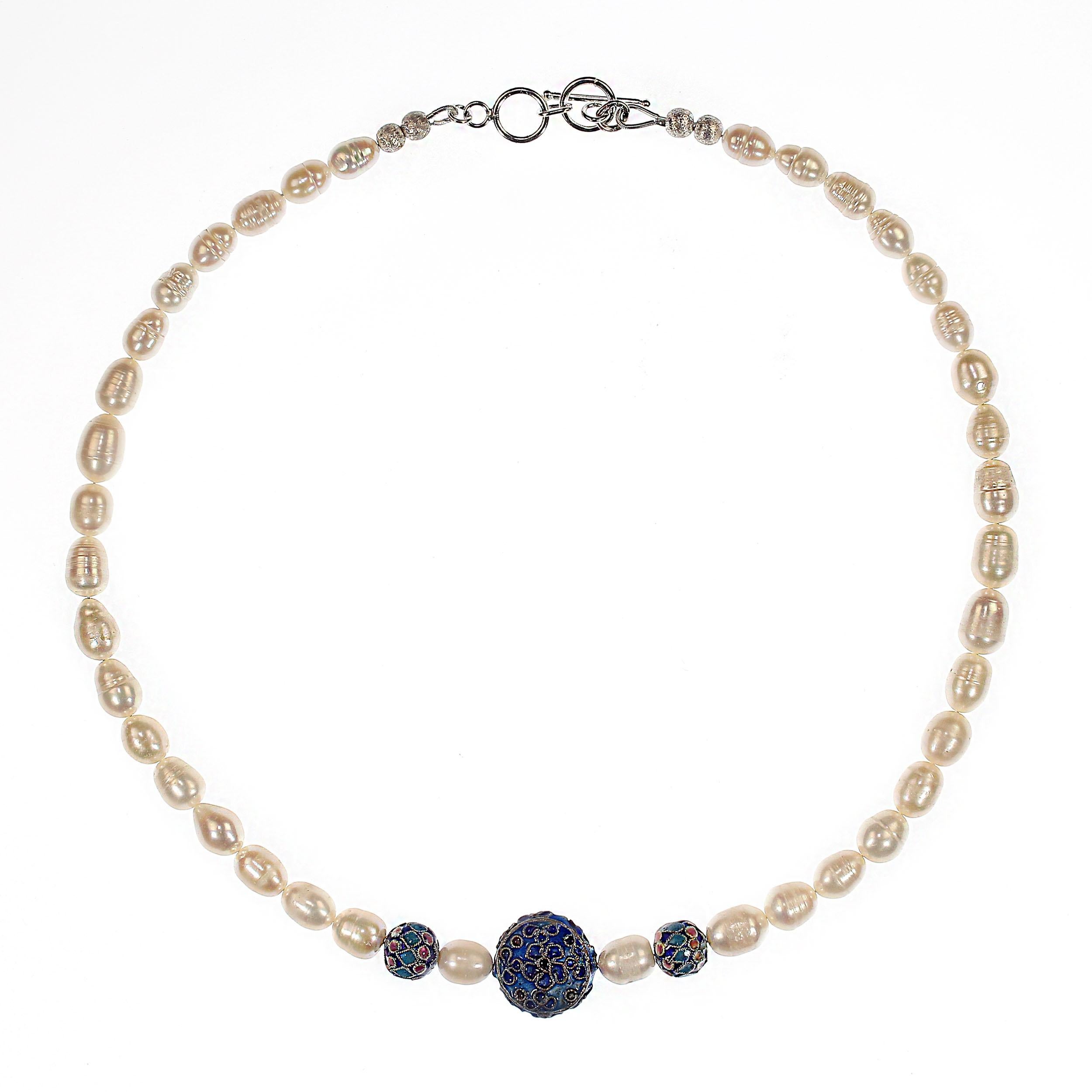 AJD 19 Inch White Potato Pearl Necklace with Cloisonne Accents For Sale 2