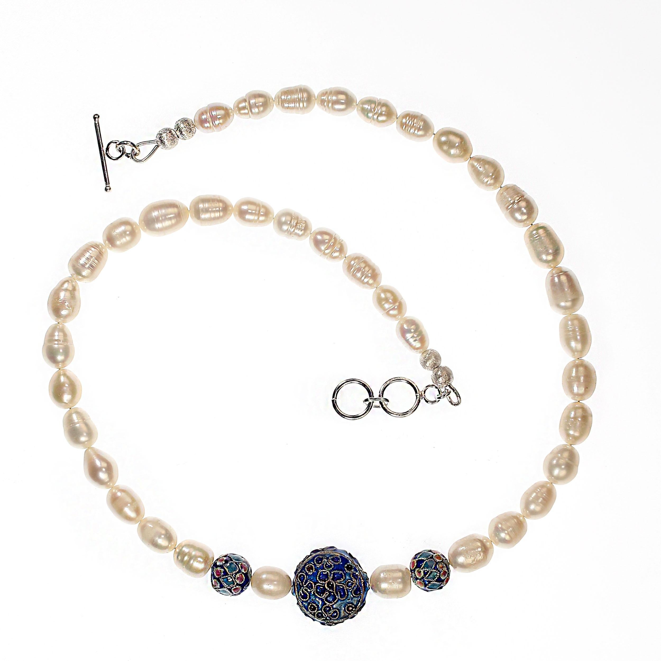 AJD 19 Inch White Potato Pearl Necklace with Cloisonne Accents For Sale 3