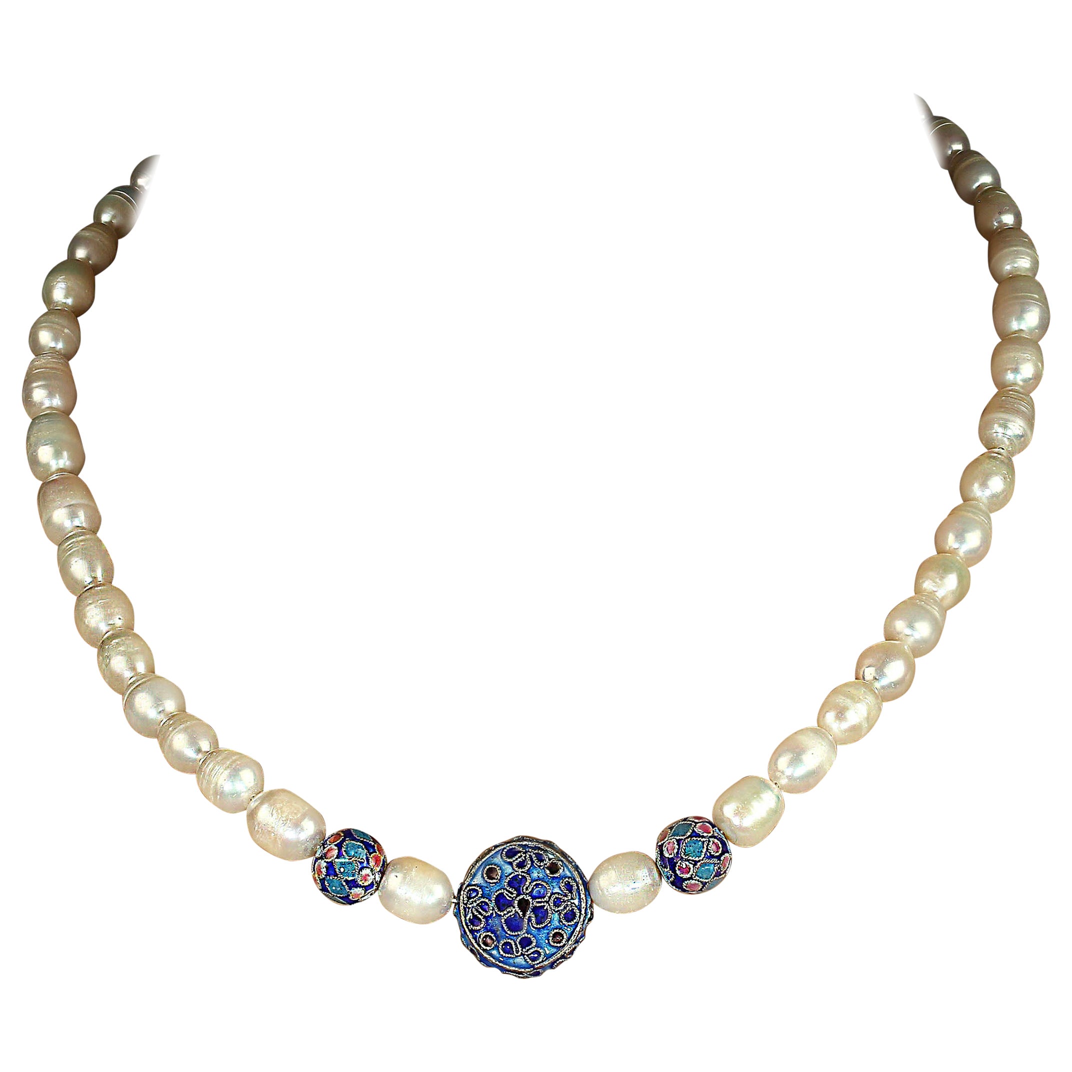 AJD 19 Inch White Potato Pearl Necklace with Cloisonne Accents For Sale