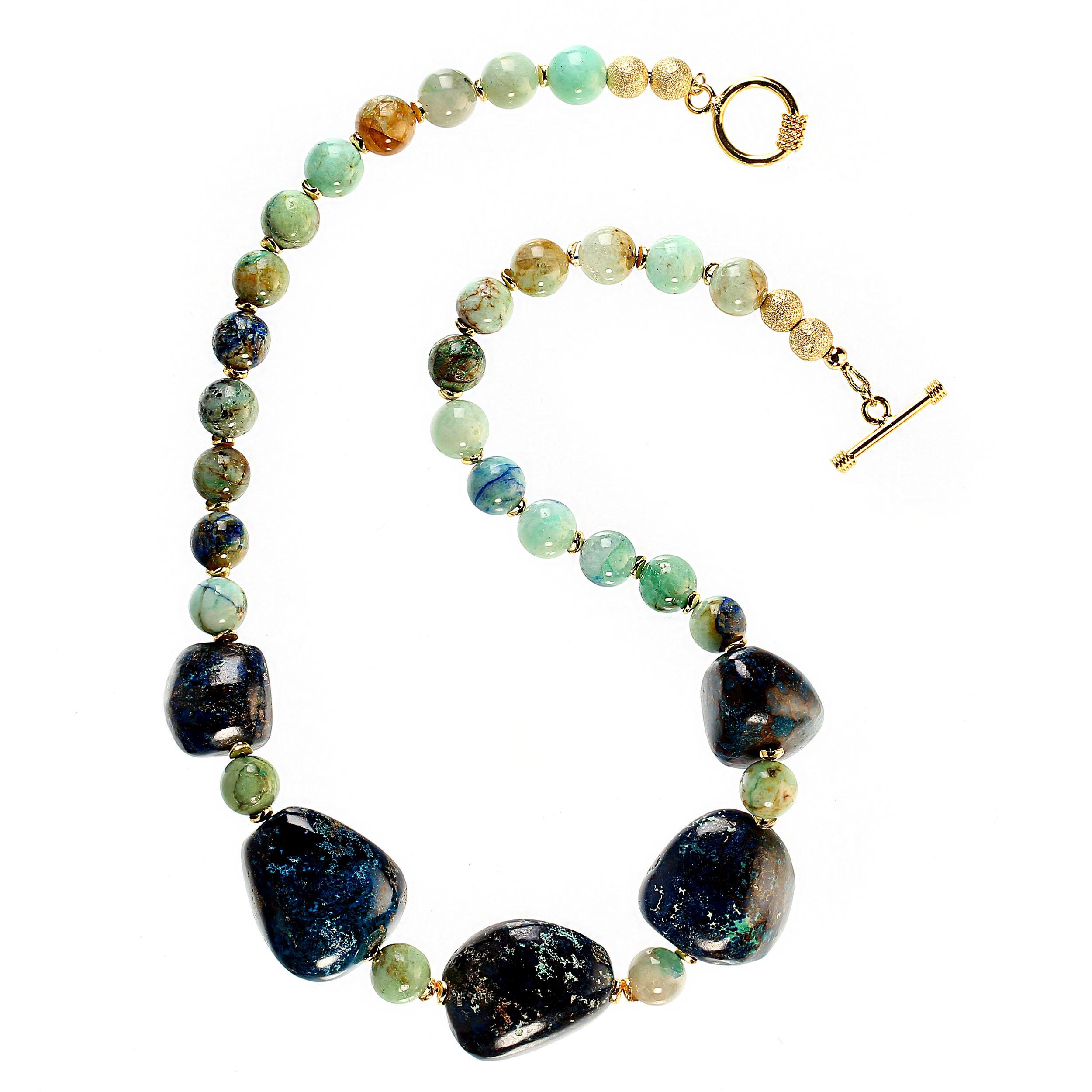 AJD 19.5 Inch Chrysocolla necklace with Gorgeous Focal & Goldy Accents  In New Condition In Raleigh, NC