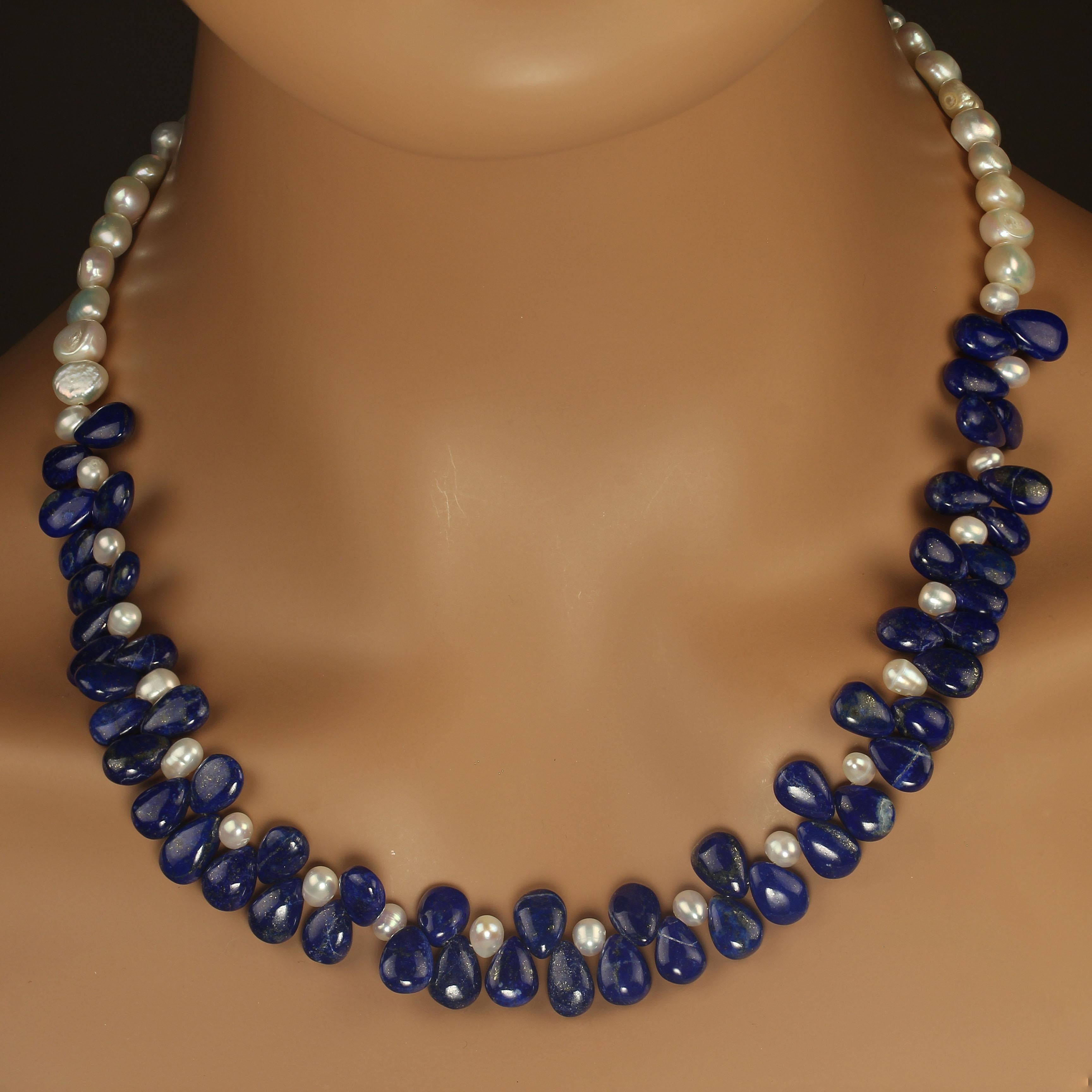 Artisan AJD 20 Inch Fascinating, Unique Lapis Lazuli Briolette and White Pearl Necklace For Sale