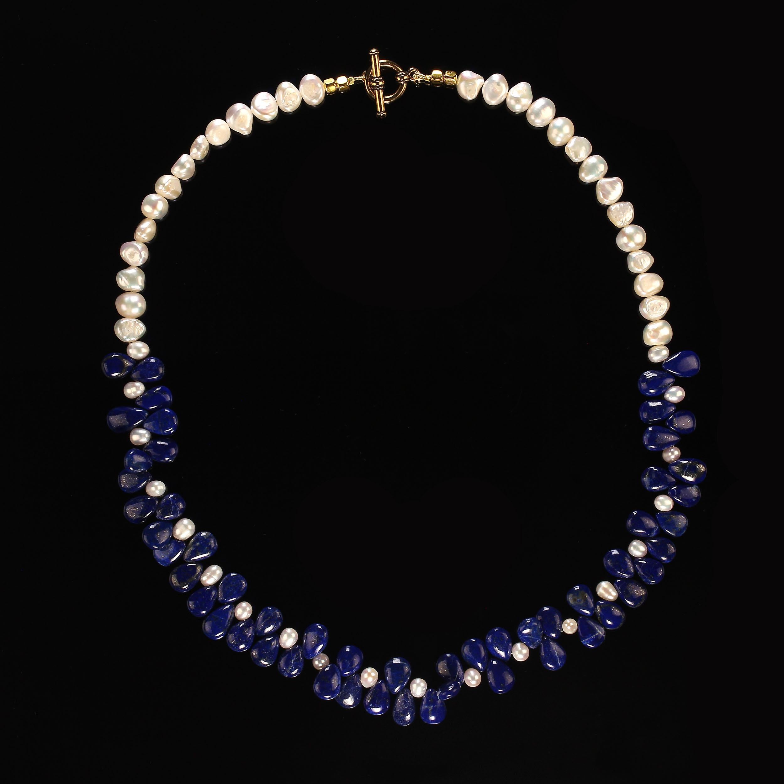 Bead AJD 20 Inch Fascinating, Unique Lapis Lazuli Briolette and White Pearl Necklace For Sale