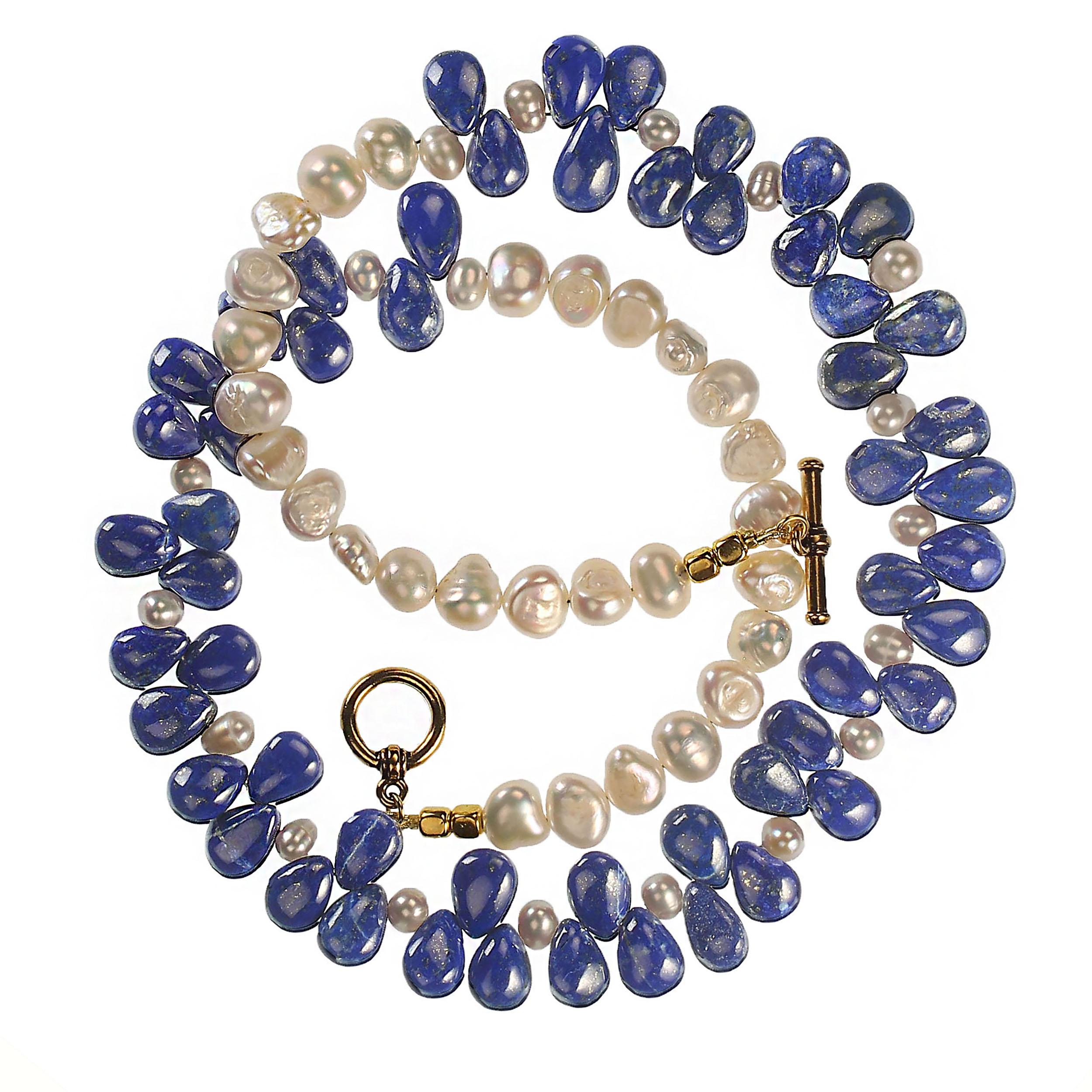 AJD 20 Inch Fascinating, Unique Lapis Lazuli Briolette and White Pearl Necklace In New Condition For Sale In Raleigh, NC