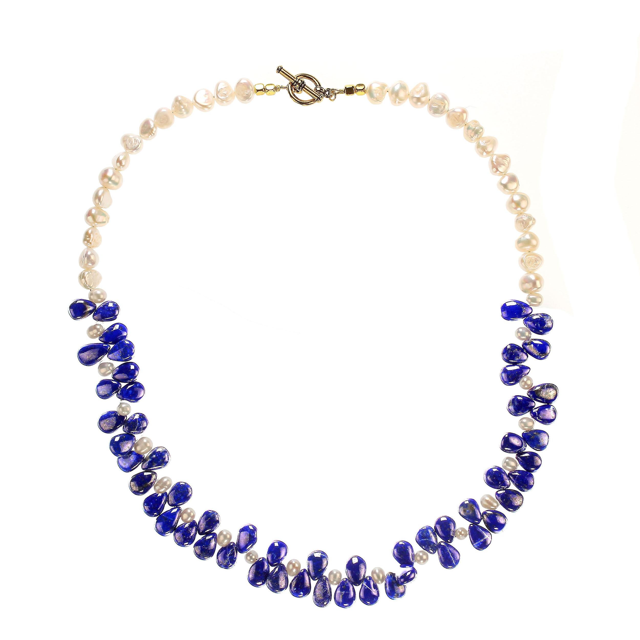 Women's or Men's AJD 20 Inch Fascinating, Unique Lapis Lazuli Briolette and White Pearl Necklace For Sale