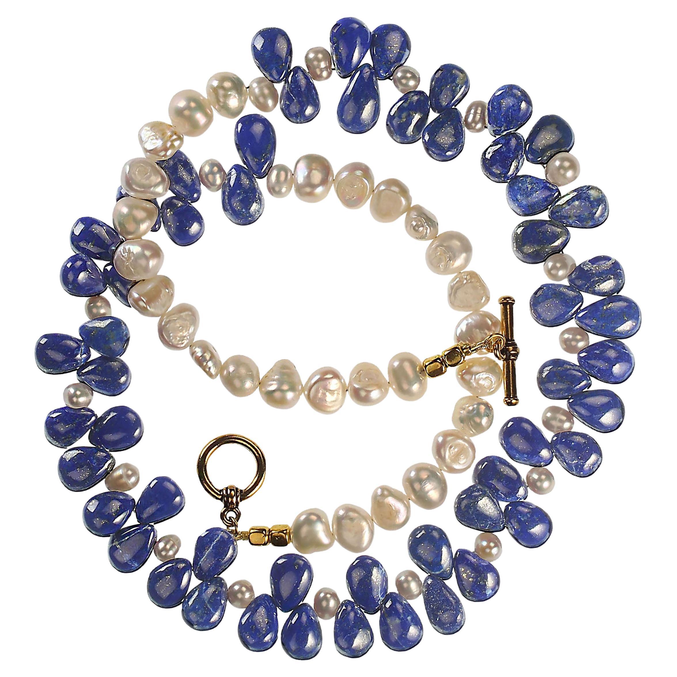 AJD 20 Inch Fascinating, Unique Lapis Lazuli Briolette and White Pearl Necklace For Sale