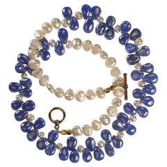 Faszinierende, einzigartige Halskette aus Lapislazuli, Briolette und weißer Perle, AJD 20 Zoll, AJD
