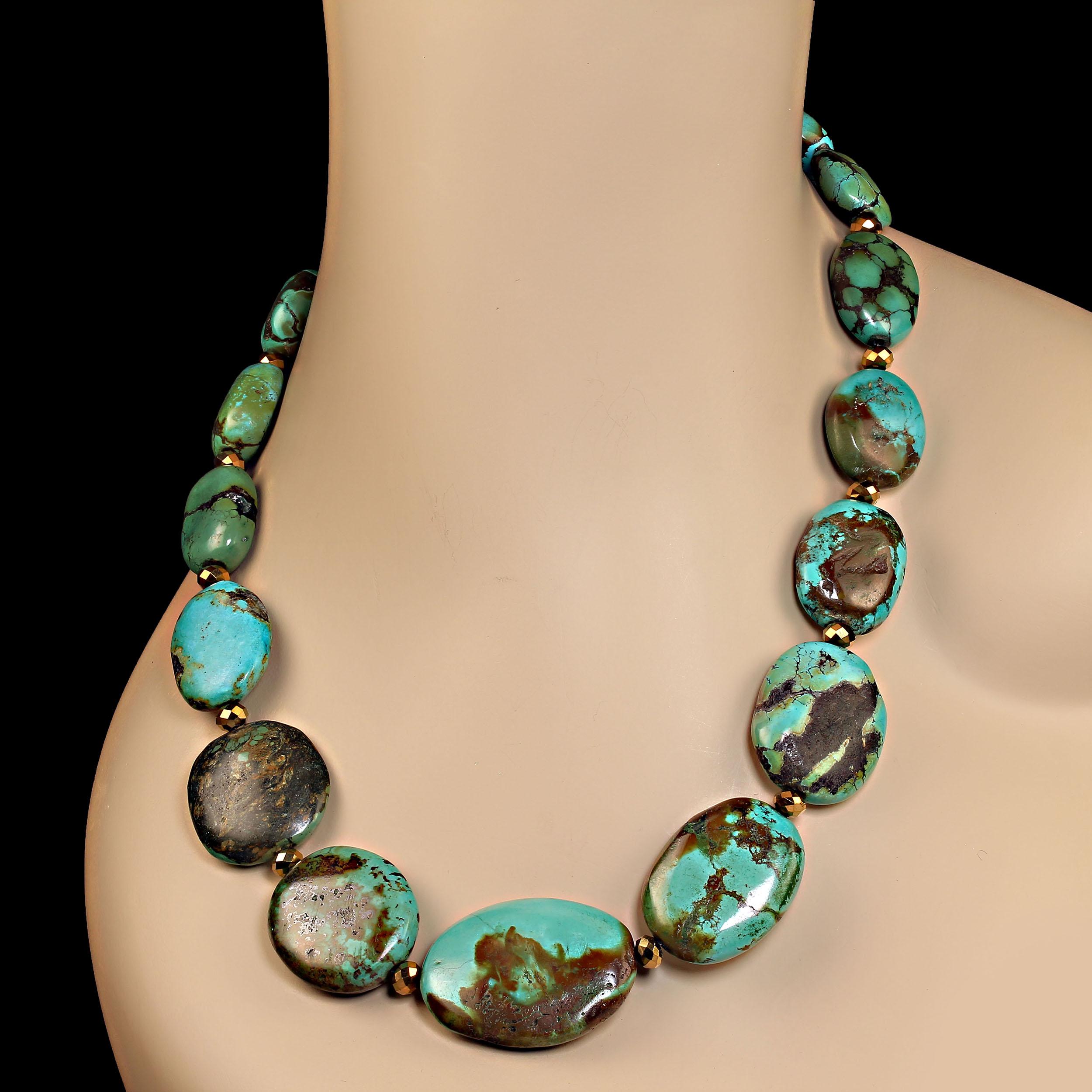 Artisan AJD 20 Inch Flat Oval Turquoise Nugget Necklace   Great Gift! For Sale