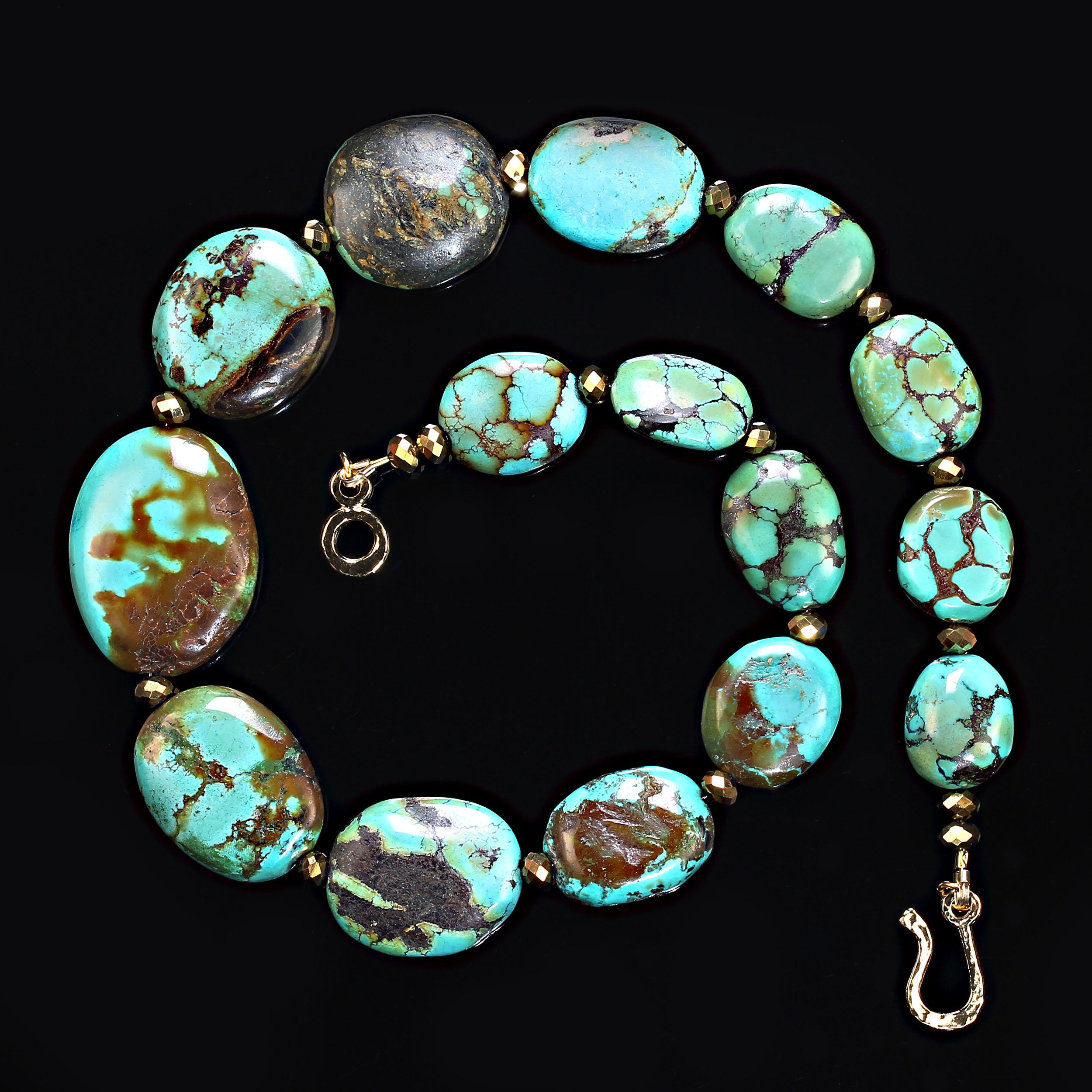 20 Inch oval, flat, Chinese turquoise necklace with faceted bronze accented.  These gorgeous nuggets graduate from 20x17mm to 38x21mm.  The 20 inch is perfect for fall and will wear well with all your fall colors.  It is secured with a hammered 14K