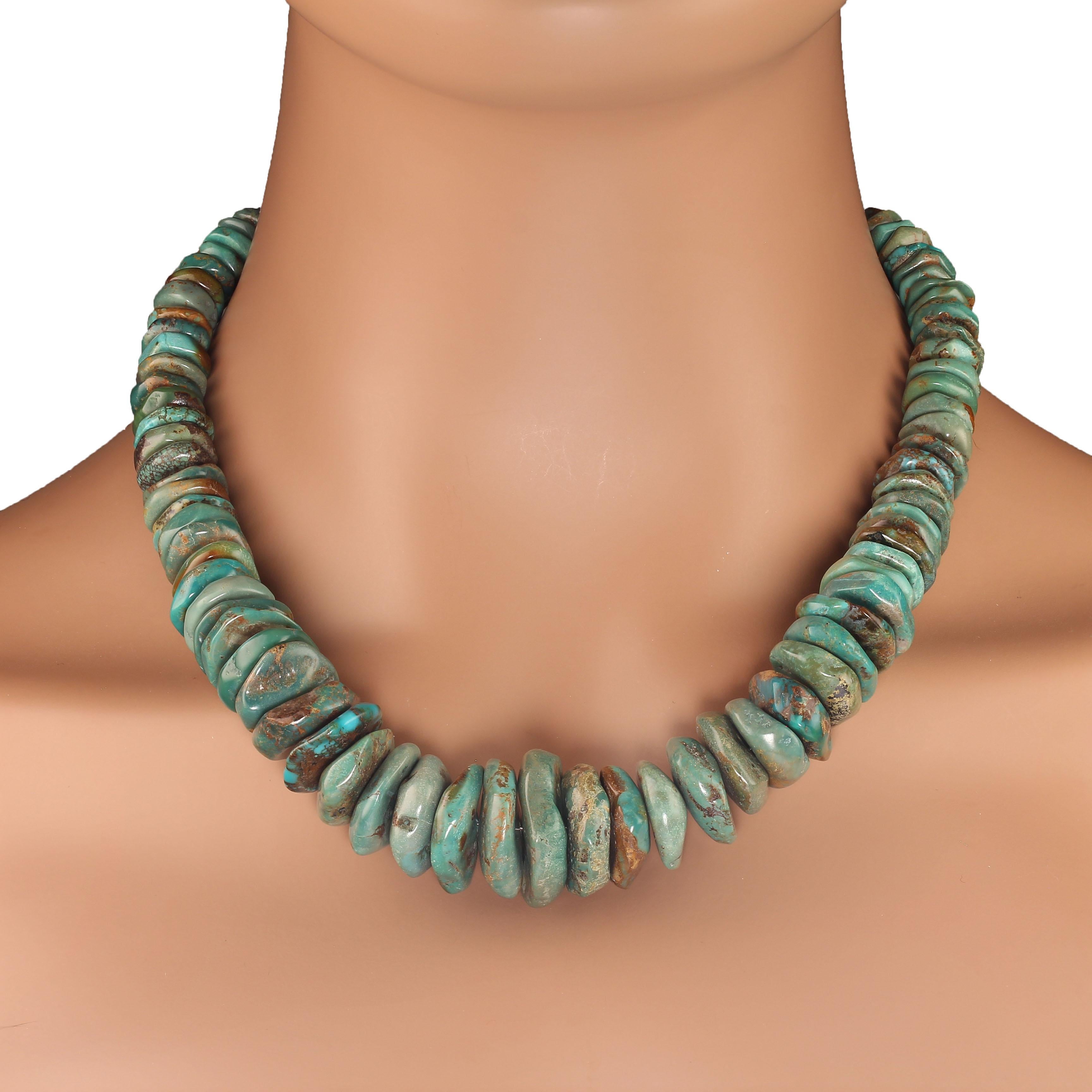 20 Inch graduated green chinese turquoise necklace.  This elegant necklace graduates in size 8-22mm. The slices are rough and mottled which creates its charm. It is secured with a 2-ring silver plate toggle clasp.  MN2389