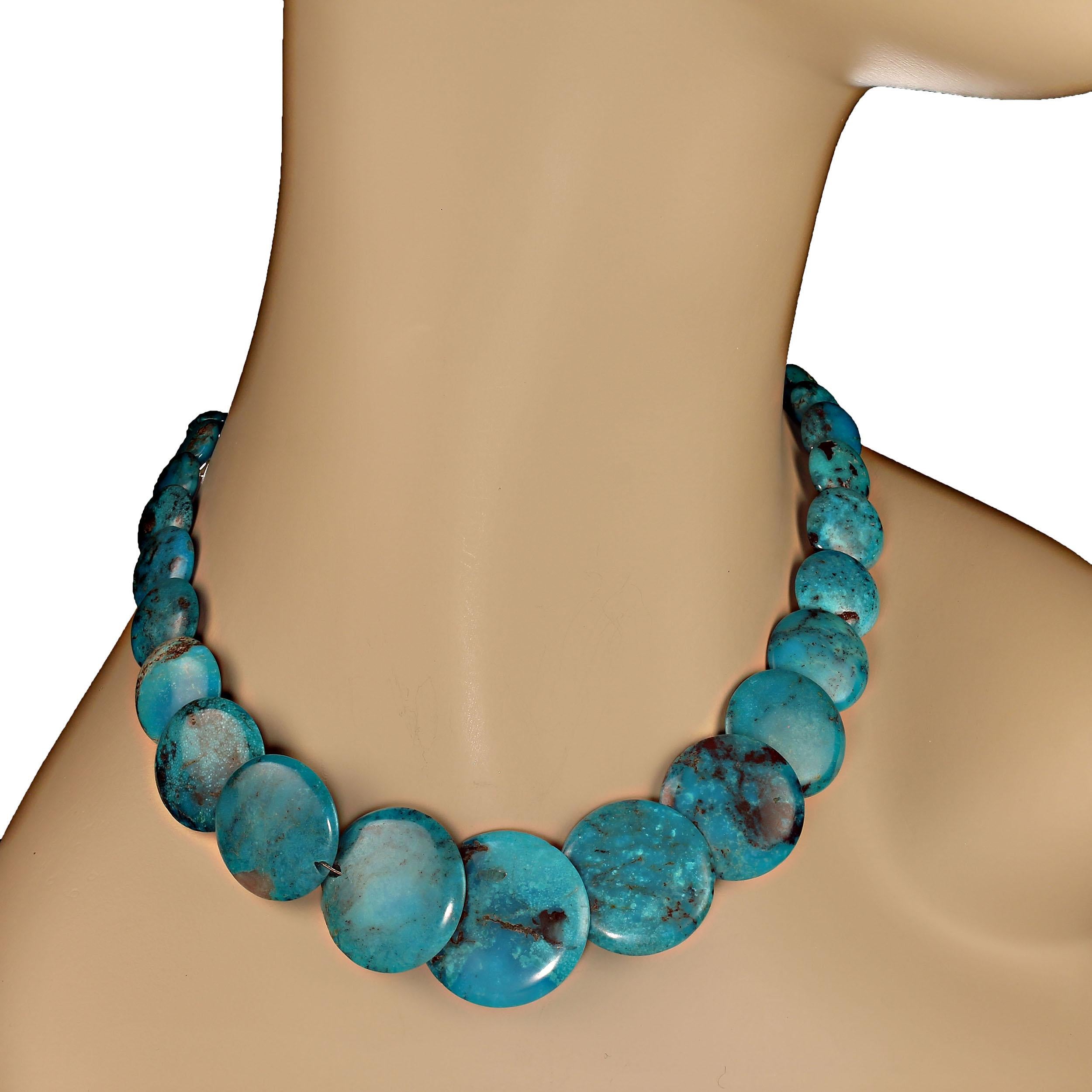 20 Inch graduated Nacozari turquoise necklace with sterling silver hook and eye clasp.  This necklace is graduated smooth round tablets ranging in size from 7 to 29mm. Nacozari turquoise comes from a copper mine in Sonora, Mexico which is now