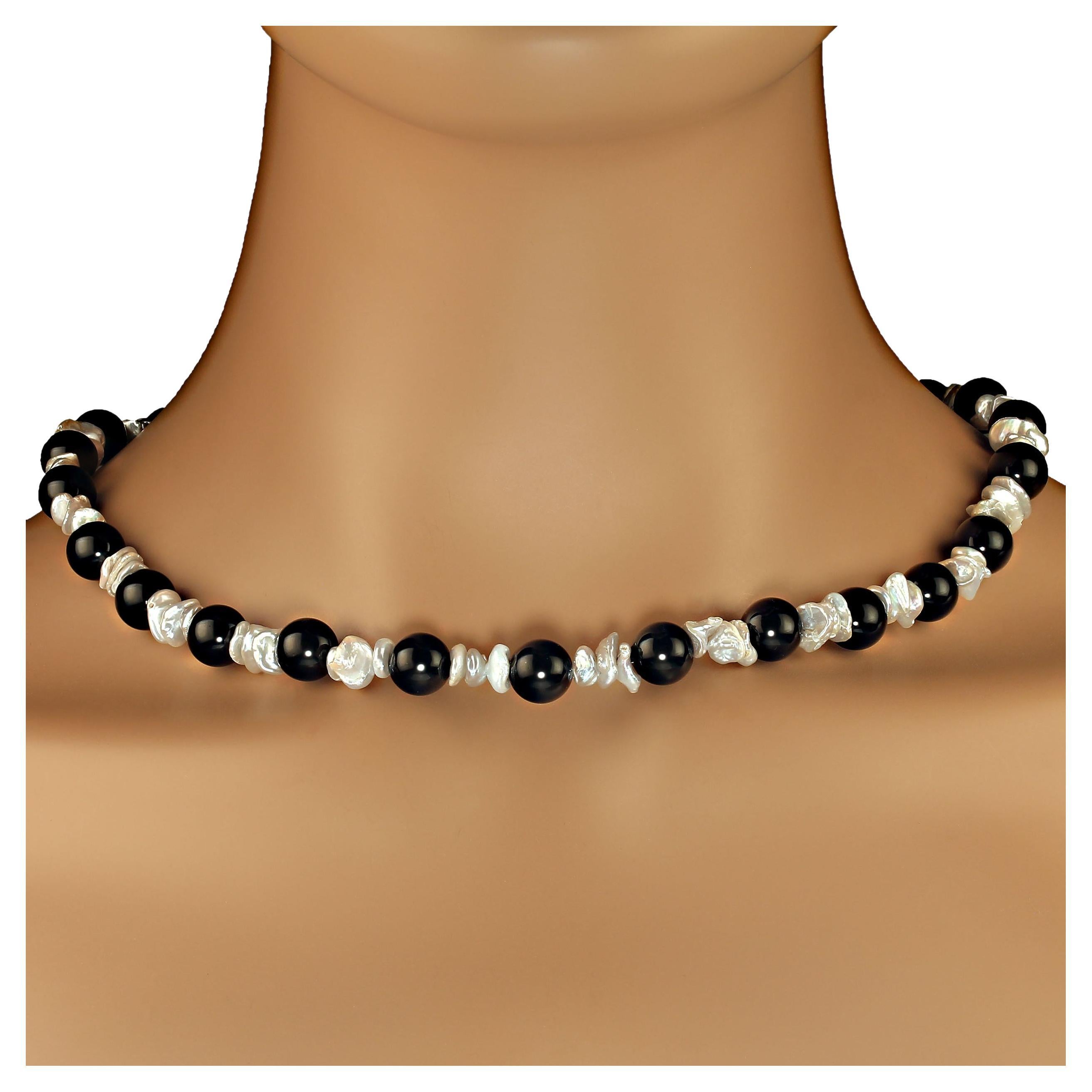 Artisan AJD 20 Inch Gray Iridescent Biwa Pearl and Black Onyx necklace Great Gift! For Sale