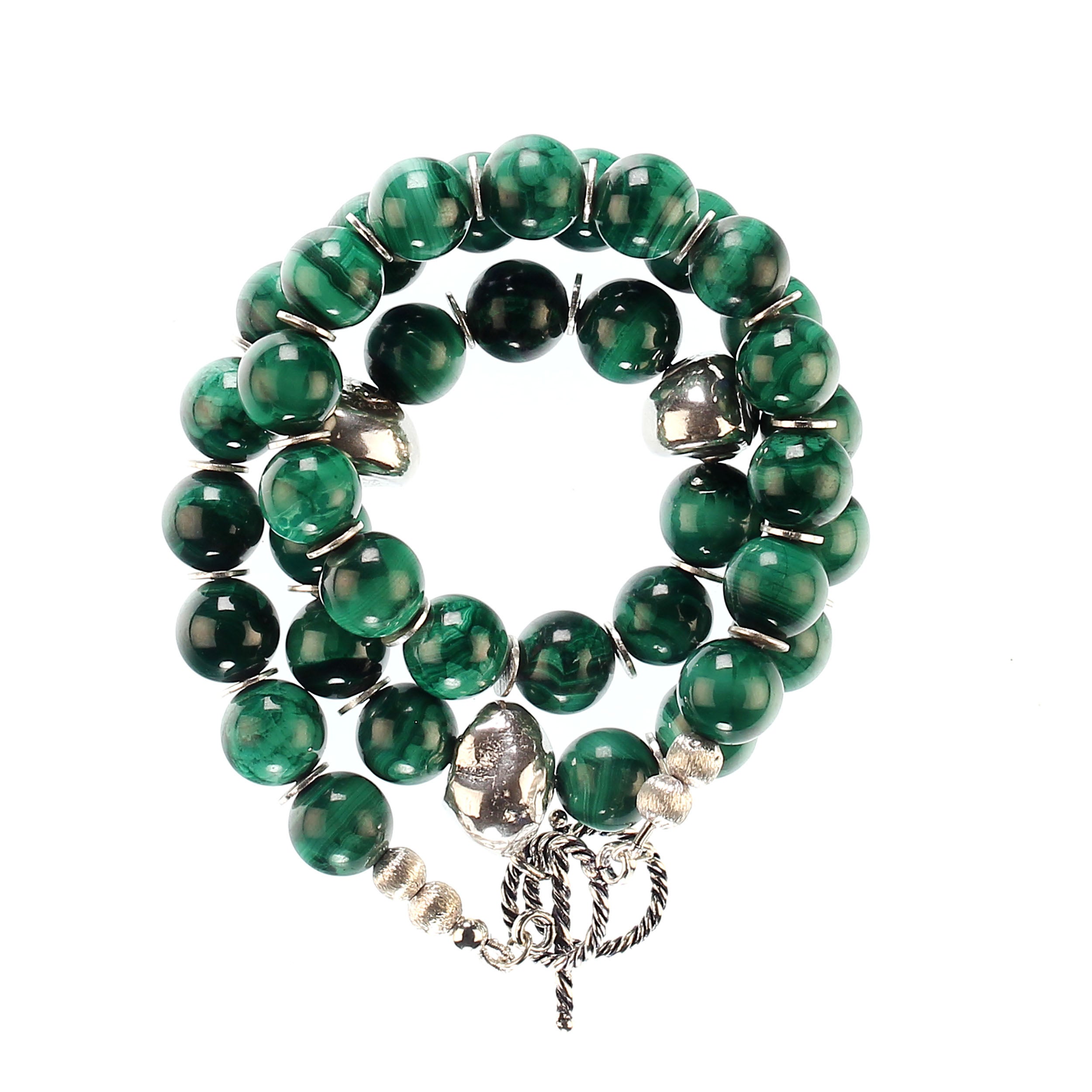 Stunning Malachite Necklace with Sterling Silver Focals – Elegant and Eye-Catching Design

This gorgeous malachite necklace features a bold design with three sterling silver pebble-like focals across the center front, creating a striking contrast