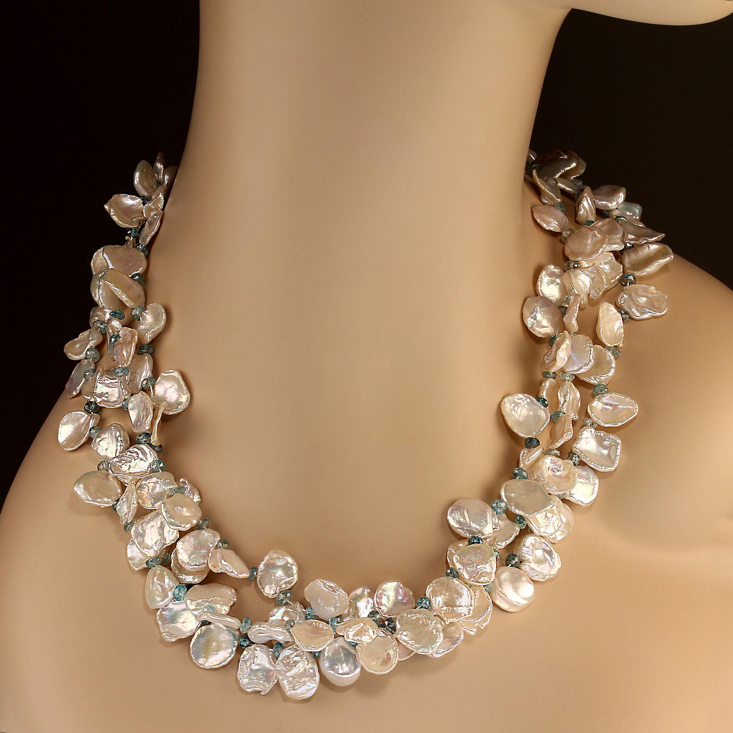 Artisan AJD 20 Inch Triple Strand of White Keshi Pearls accented with blue Zircons  For Sale