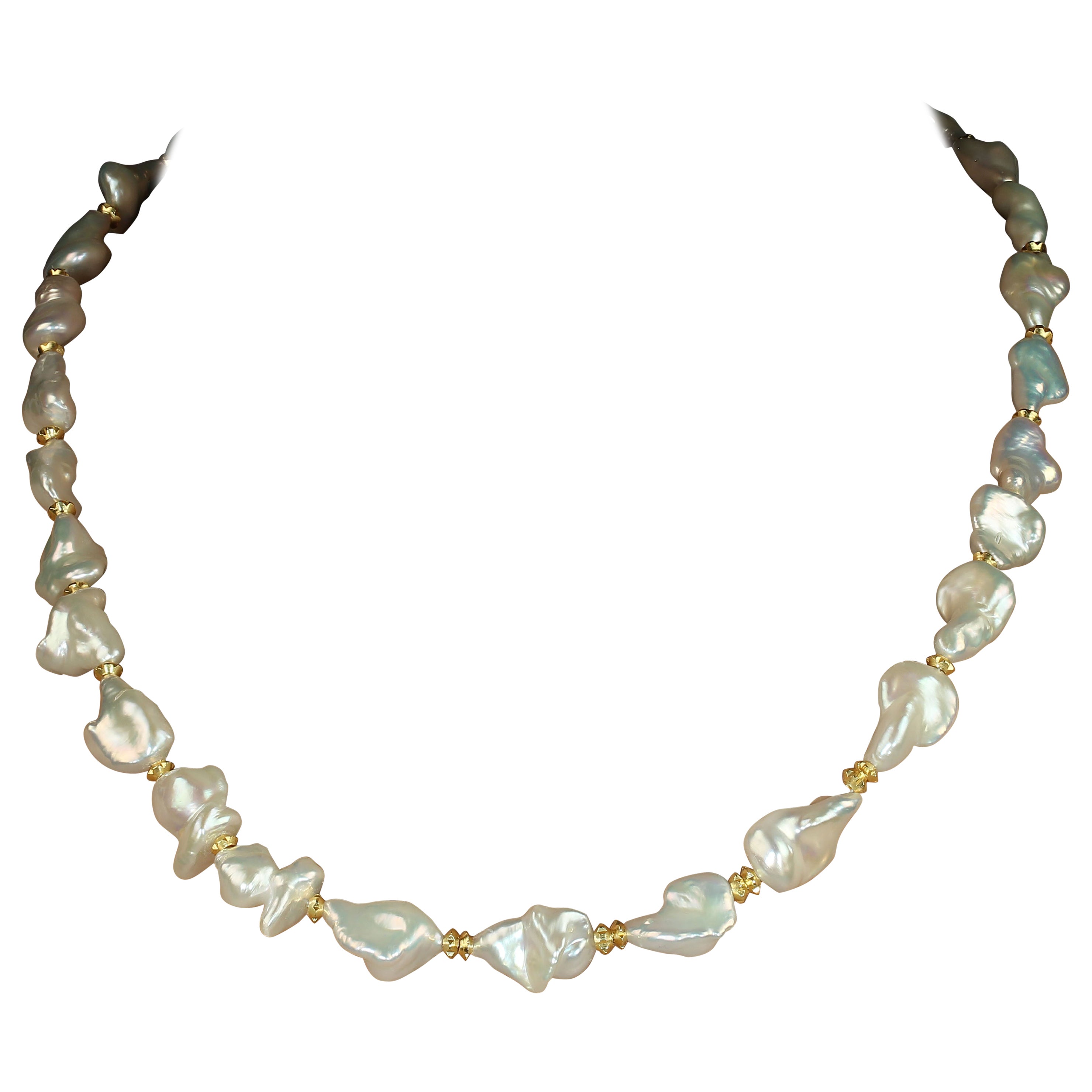 AJD 20 Inch White Tear Drop Shape Pearl Necklace with Goldy Accents