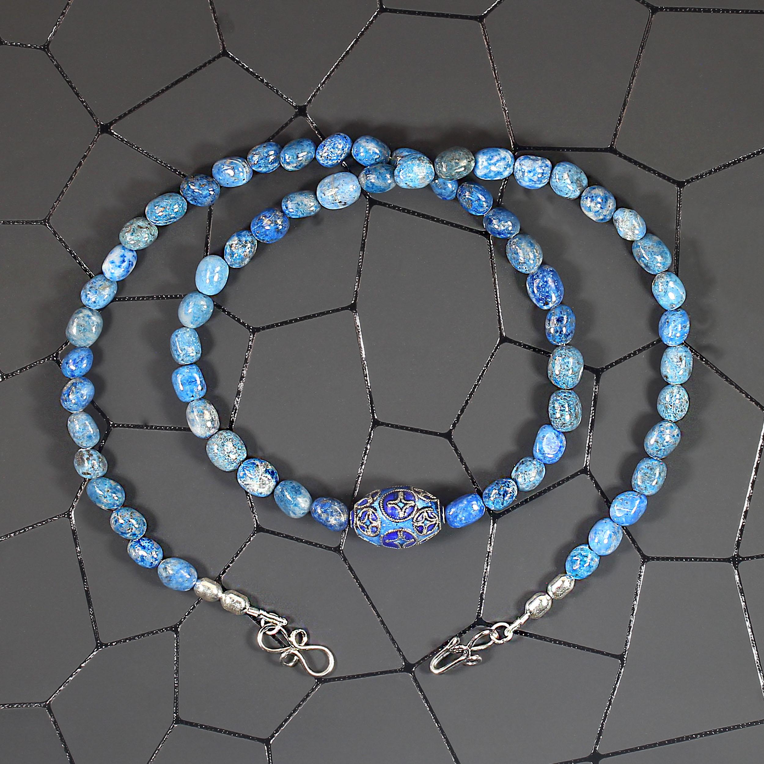 Bead AJD 21 Inch Lapis Nugget Necklace with Blue Cloisonne Focal For Sale