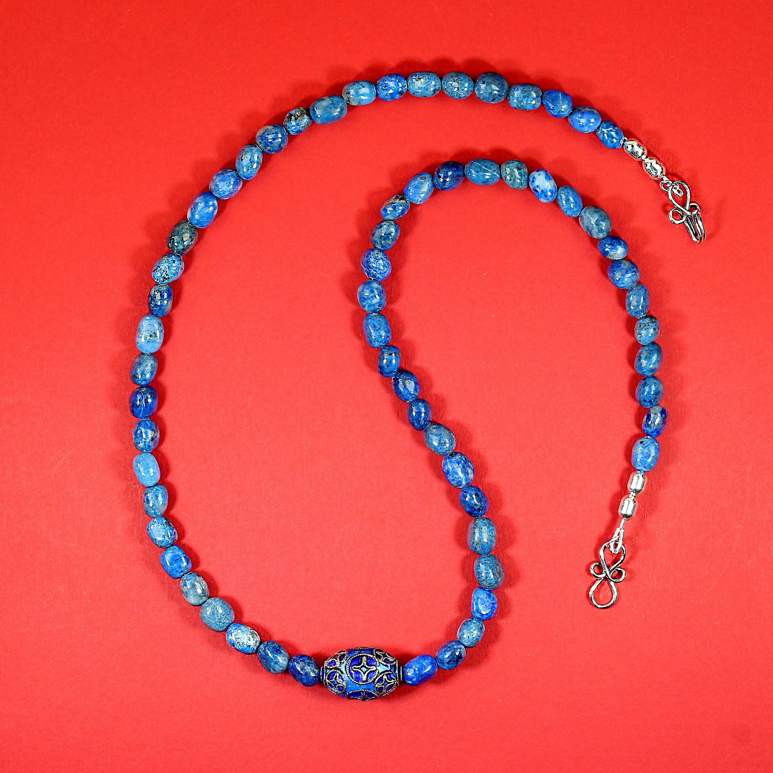 AJD 21 Inch Lapis Nugget Necklace with Blue Cloisonne Focal In New Condition For Sale In Raleigh, NC