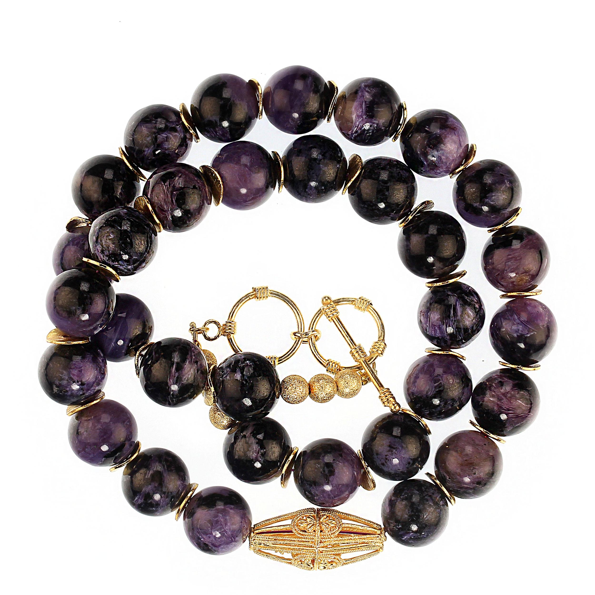 Women's or Men's AJD 22 Inch Glowing Charoite with gold tone accents necklace     Great Gift! For Sale