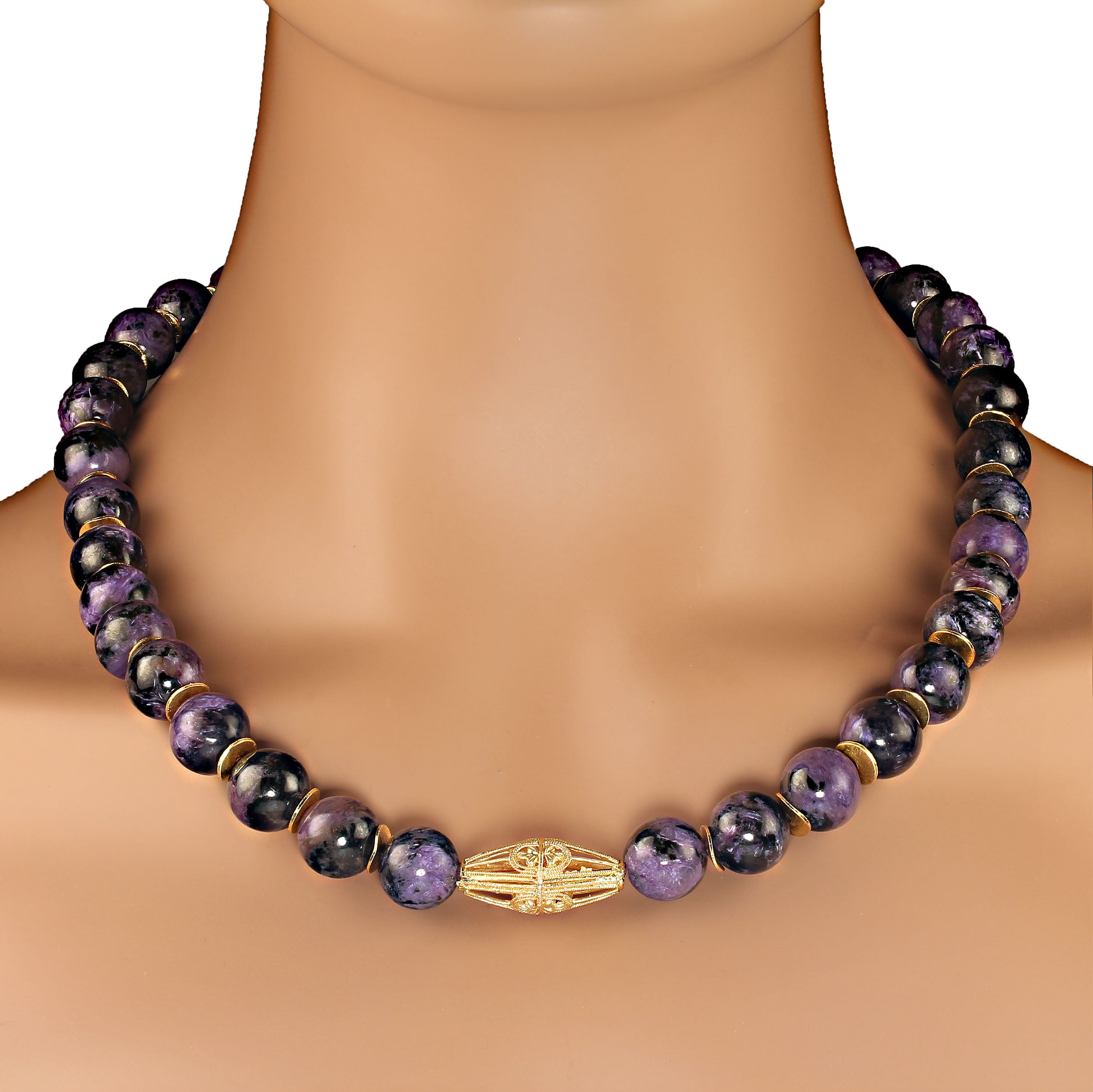 AJD 22 Inch Glowing Charoite with gold tone accents necklace     Great Gift! For Sale