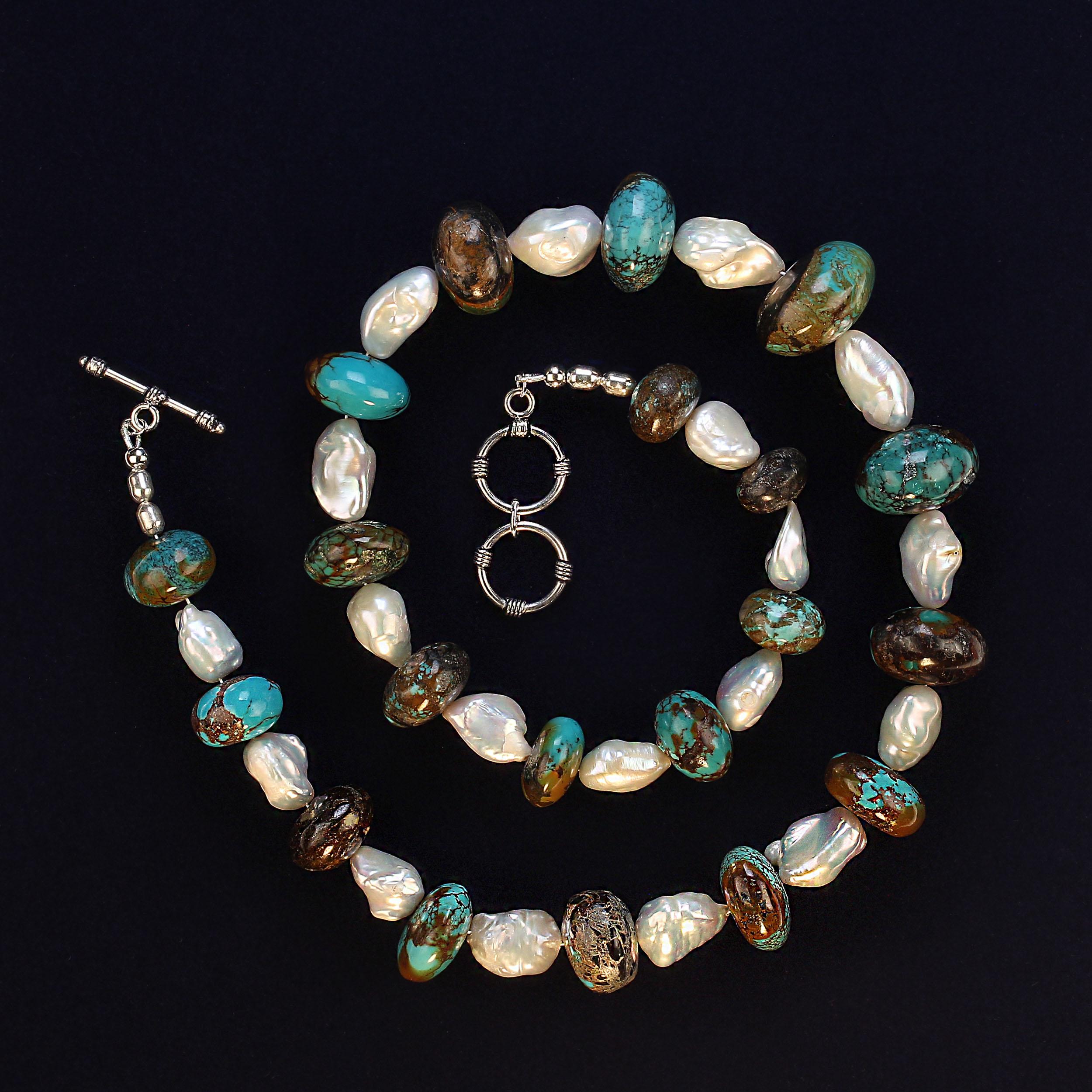 AJD Collier Hubei 22 pouces avec turquoise mélangée à perles d'eau douce blanches Neuf - En vente à Raleigh, NC