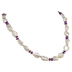 AJD 22 Inch Necklace of  Baroque Pearls and Amethyst Rondelles  June Birthstone