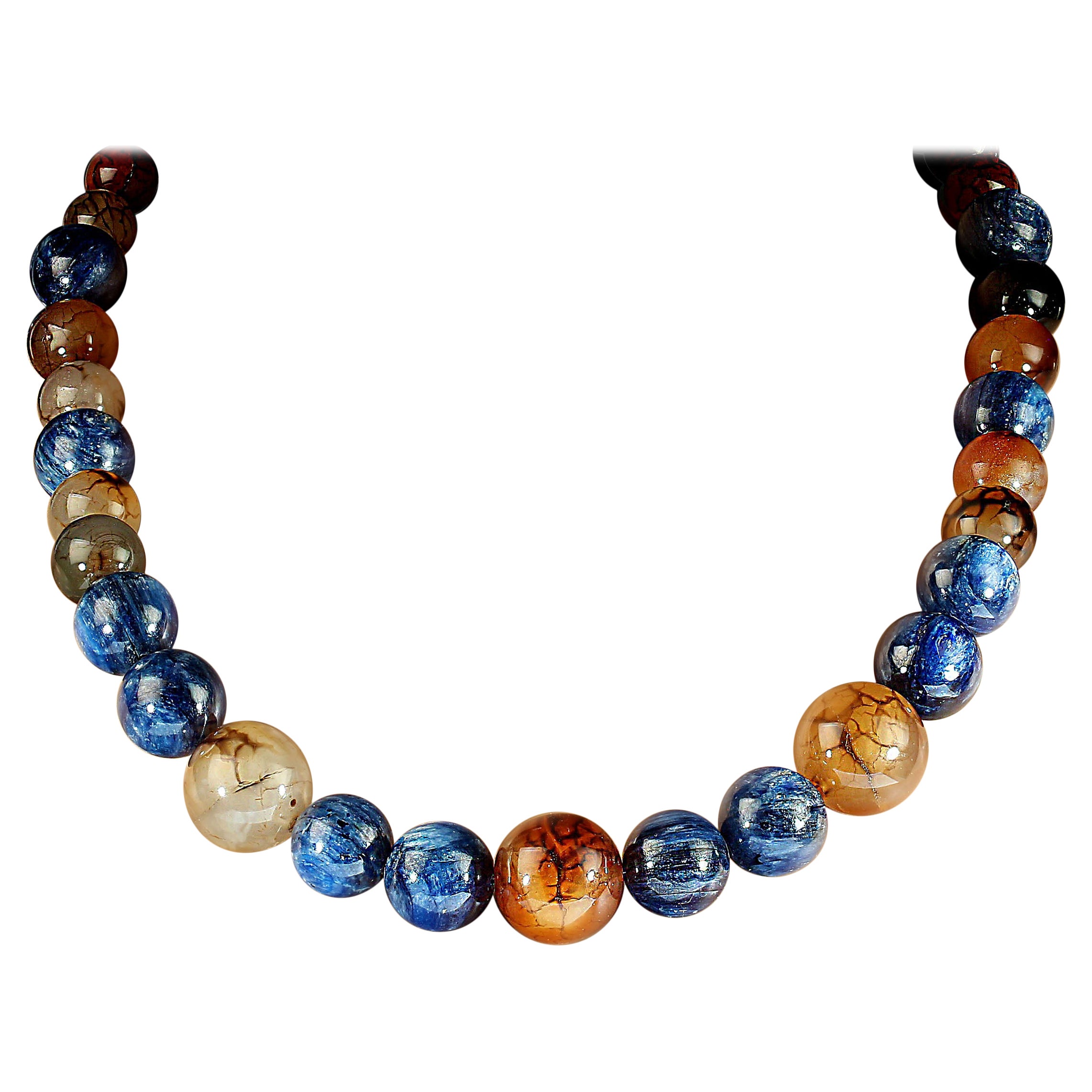 AJD 22 Inch Shimmering Blue Kyanite and Fascinating Spiderweb Jasper Necklace For Sale