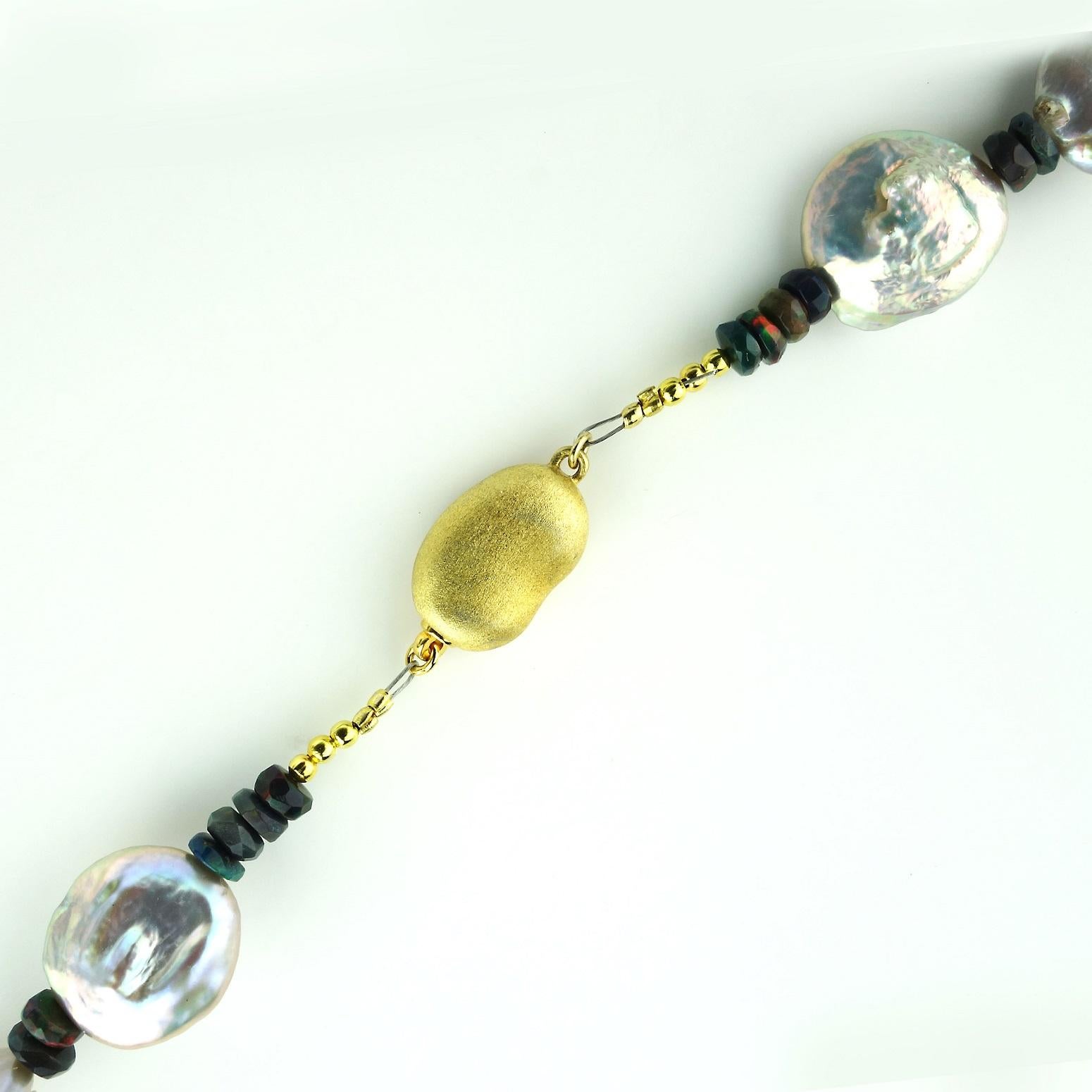 Women's or Men's AJD 22 Inch Silvery Coin Pearls and Black Opal Necklace June Birthstone For Sale