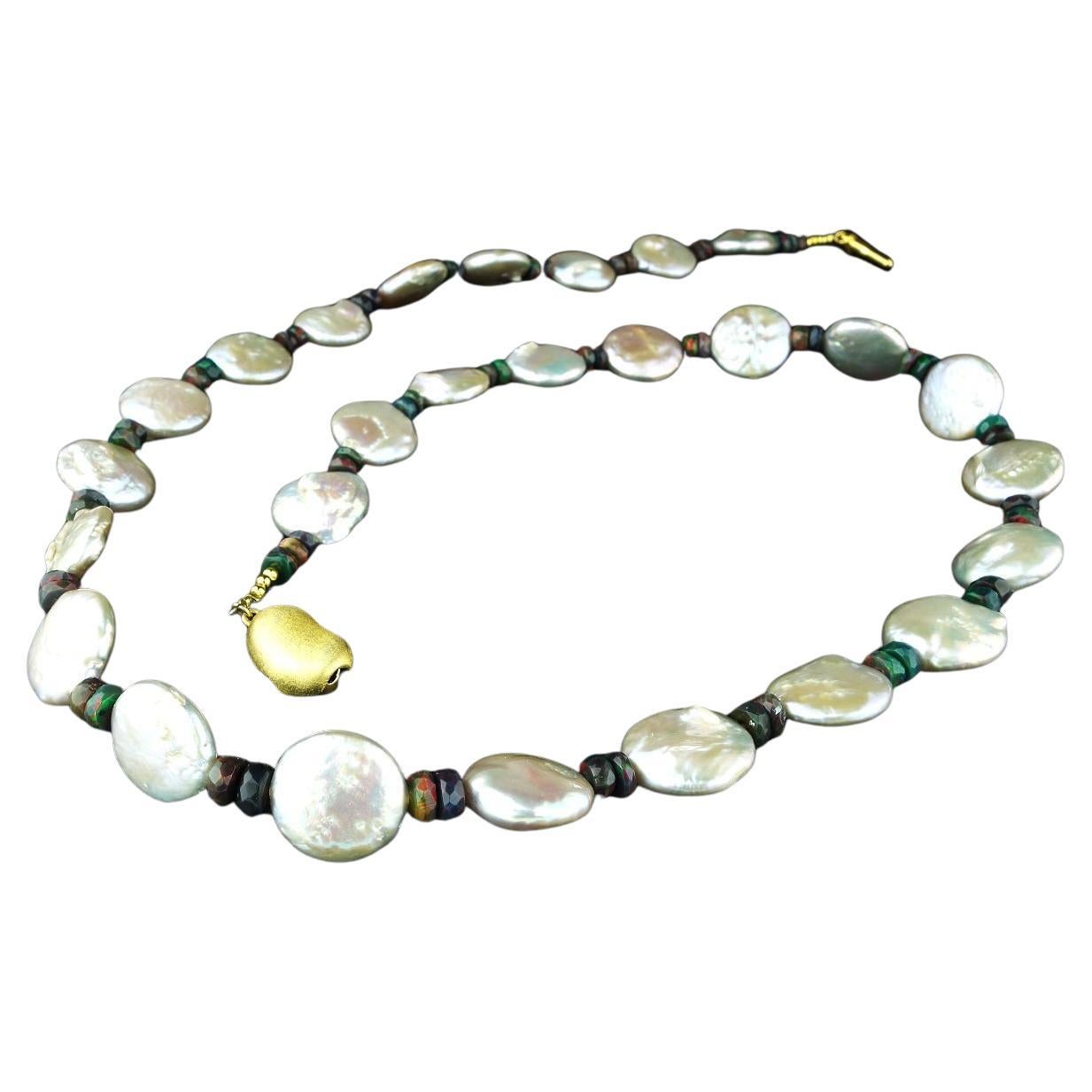 AJD 22 Inch Silvery Coin Pearls and Black Opal Necklace June Birthstone