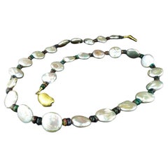 AJD 22 Inch Silvery Coin Pearls and Black Opal Necklace June Birthstone