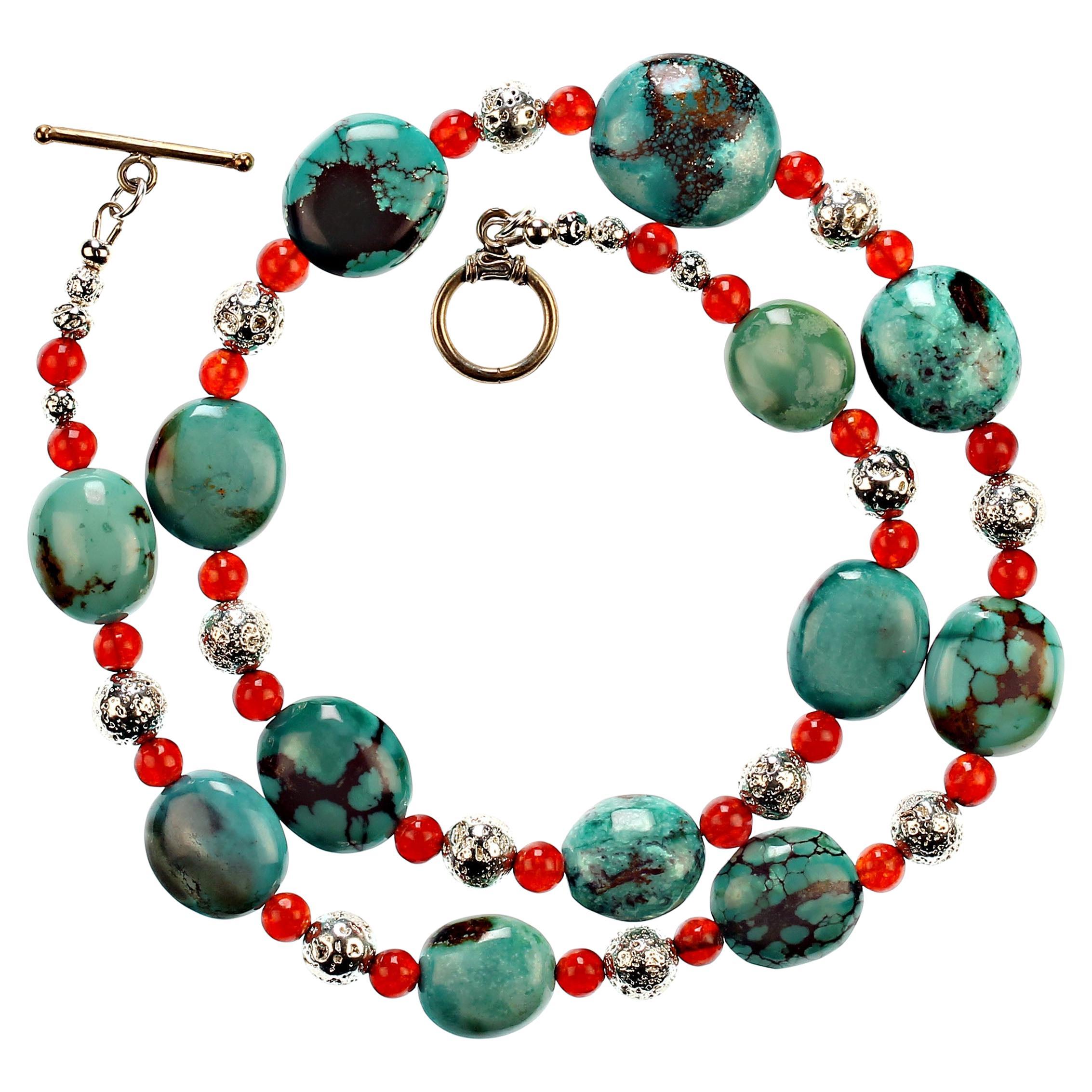 AJD 22 Inch Southwest Influence Necklace of Turquoise, Carnelian, and Silver For Sale