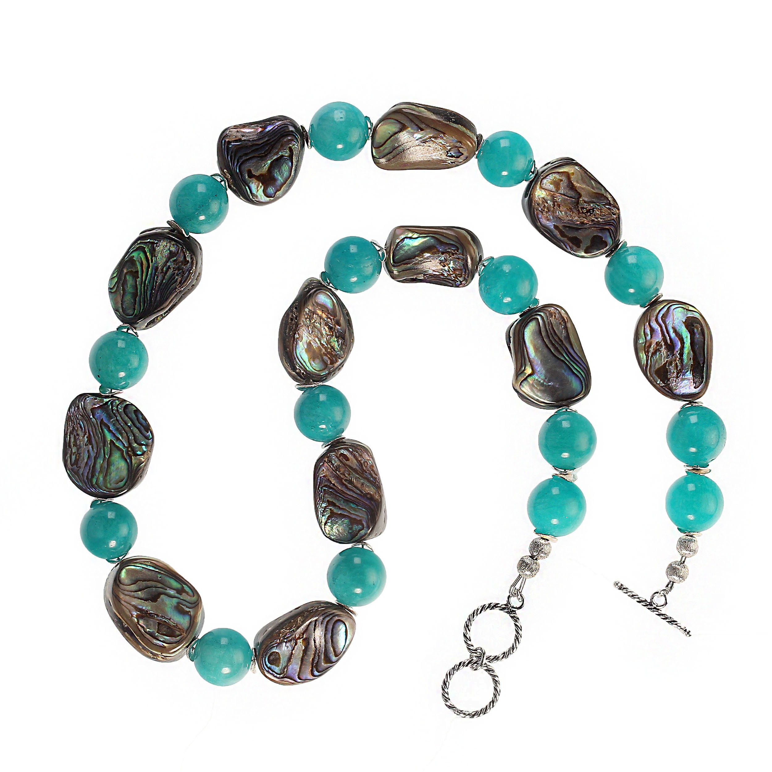 23-Inch Iridescent double-sided abalone and reconstituted amazonite necklace.  This perfect Spring necklace is a lovely turquoisy blue-green and iridescent blue/green/purple. Silver tone flutters accent both the abalone and the amazonite.  The