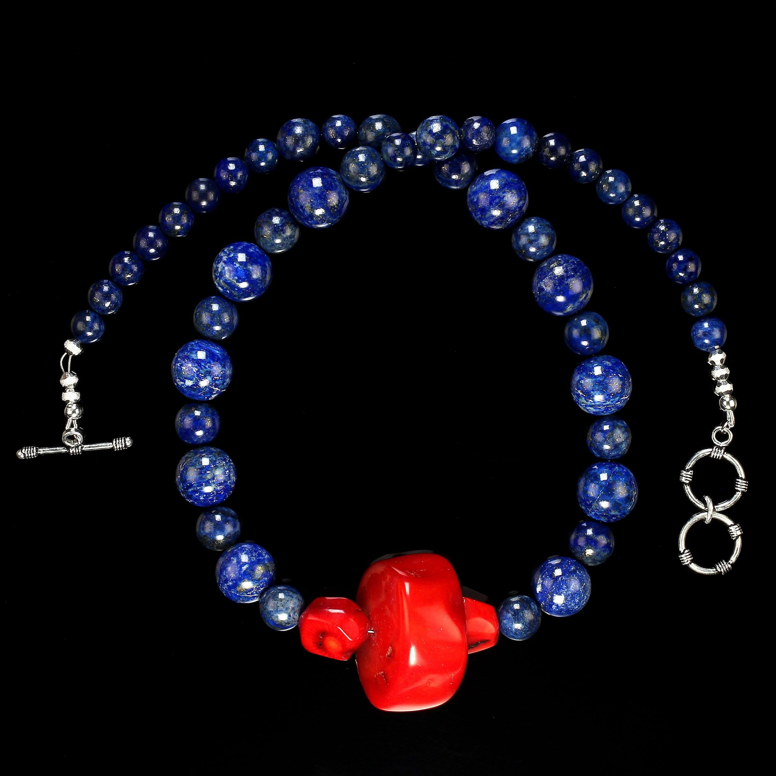 Artisan AJD 23 Inch Lapis Lazuli and Red Bamboo Coral Necklace  For Sale