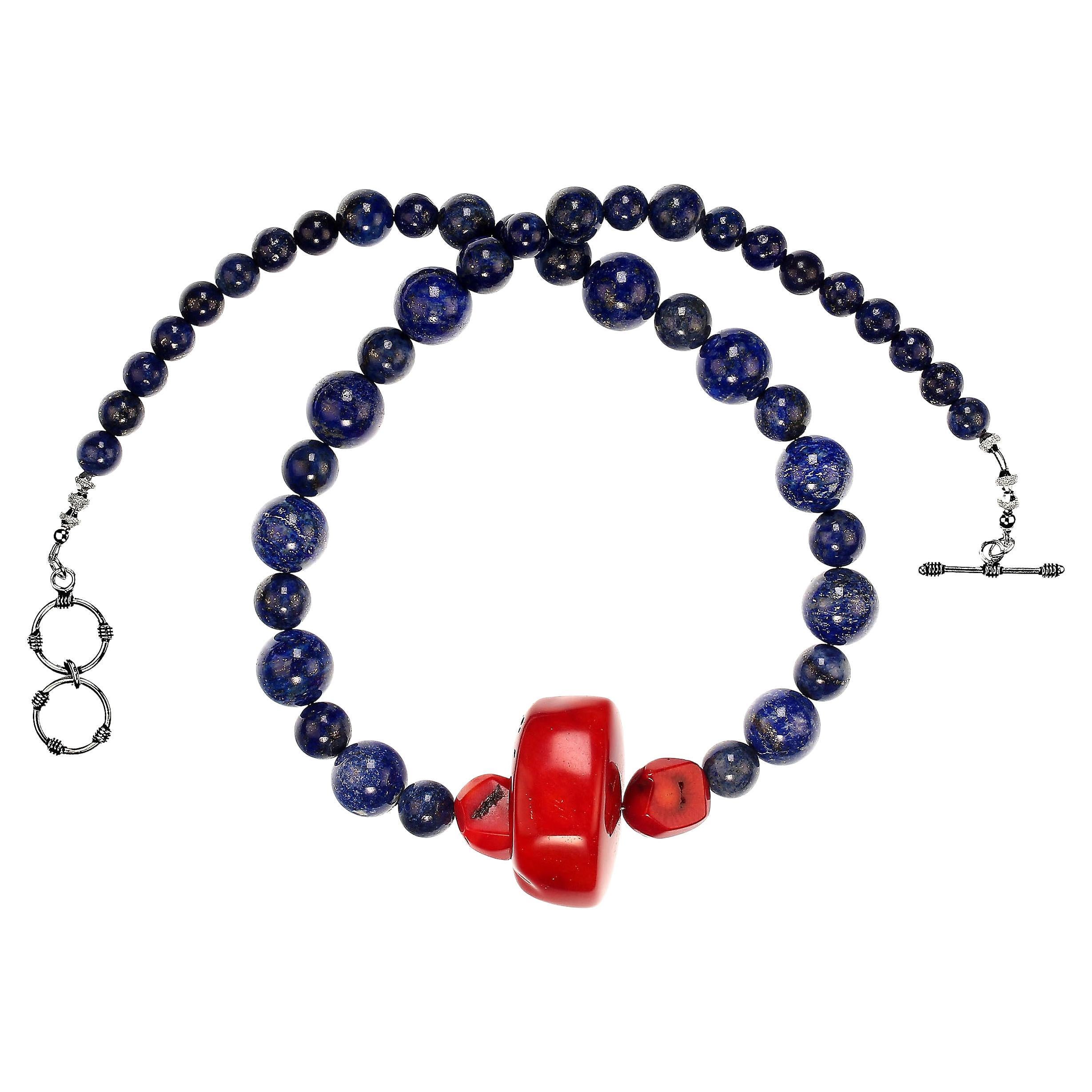 Bead AJD 23 Inch Lapis Lazuli and Red Bamboo Coral Necklace  For Sale